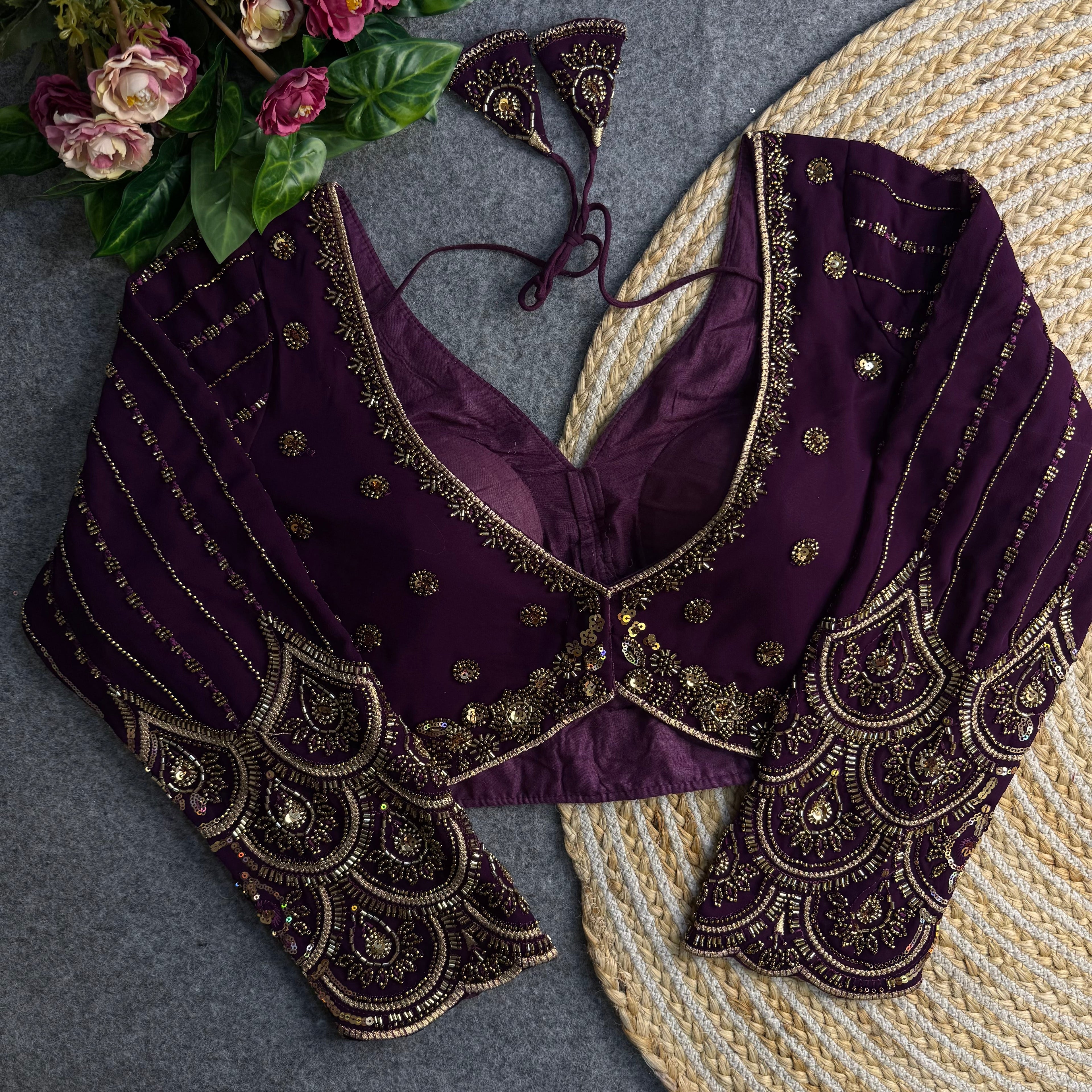 ELEGANT HAND-EMBROIDERED BEADED LONG SLEEVE BLOUSE