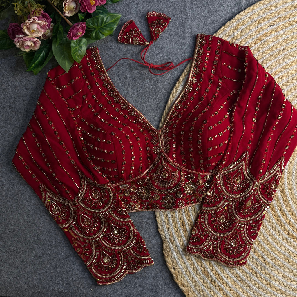 ELEGANT HAND-EMBROIDERED BEADED LONG SLEEVE BLOUSE