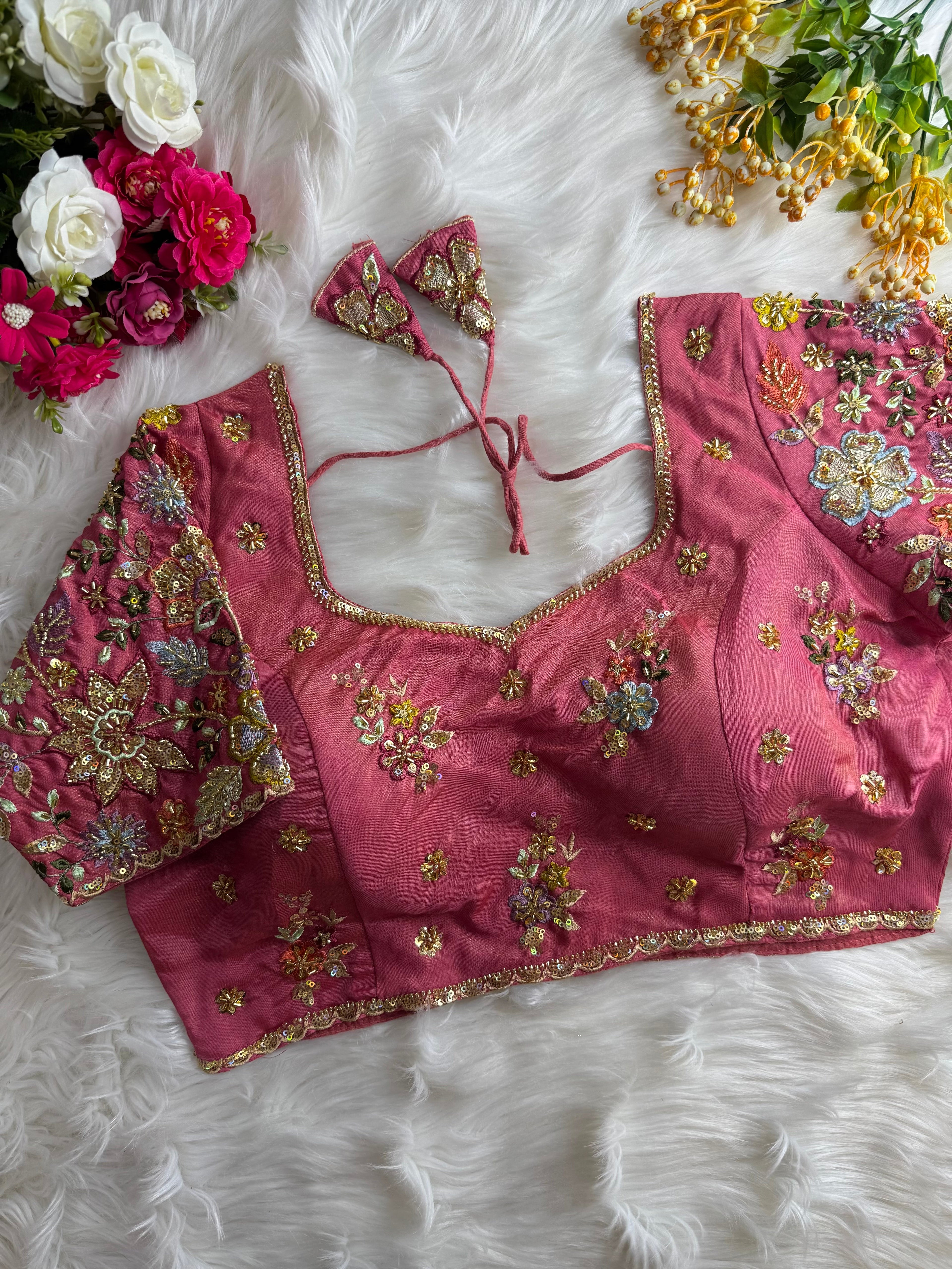 Beautiful Pure Silk handwork in All Over Sleeves Of Designer Blouse