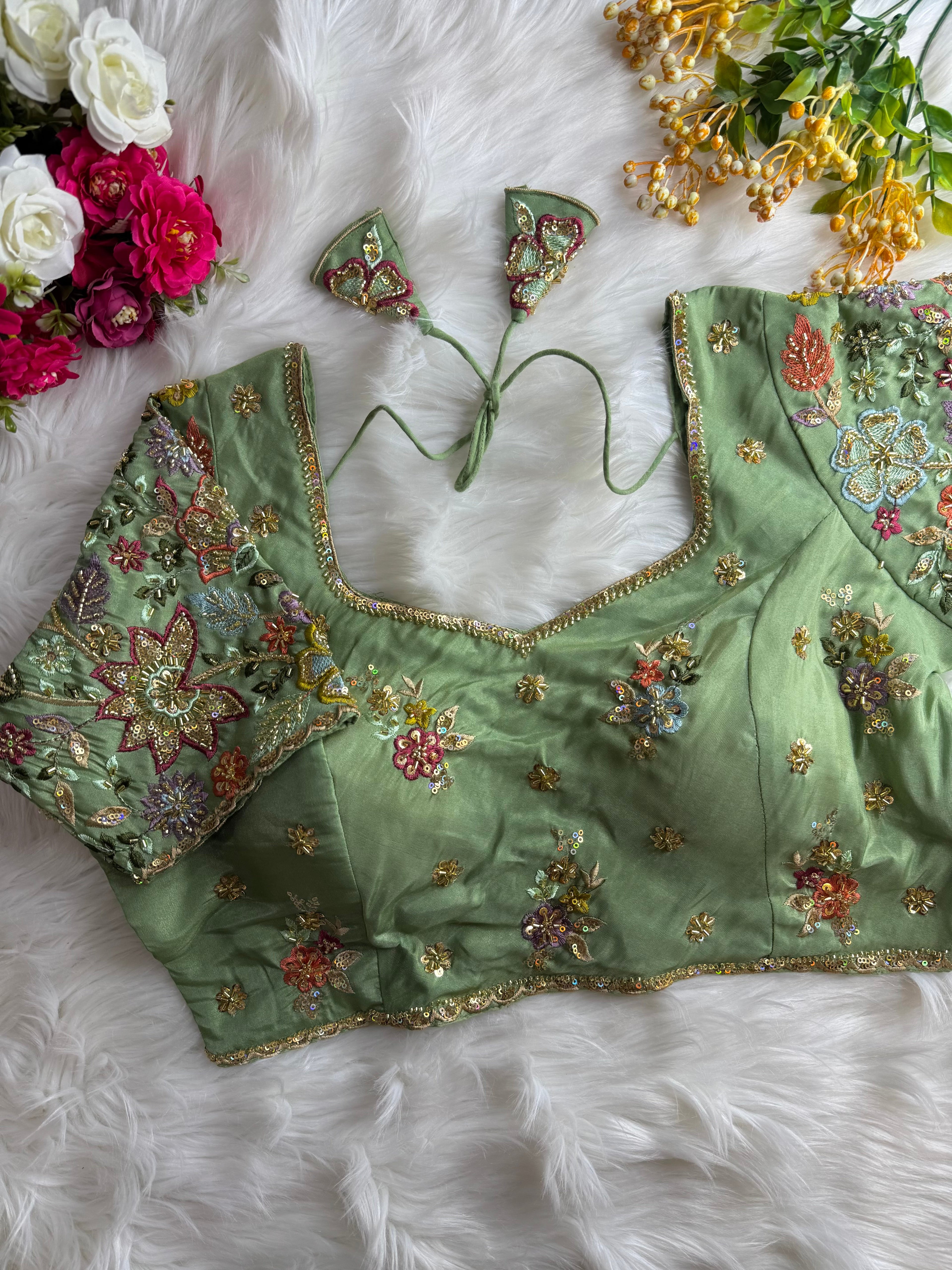 Beautiful Pure Silk handwork in All Over Sleeves Of Designer Blouse