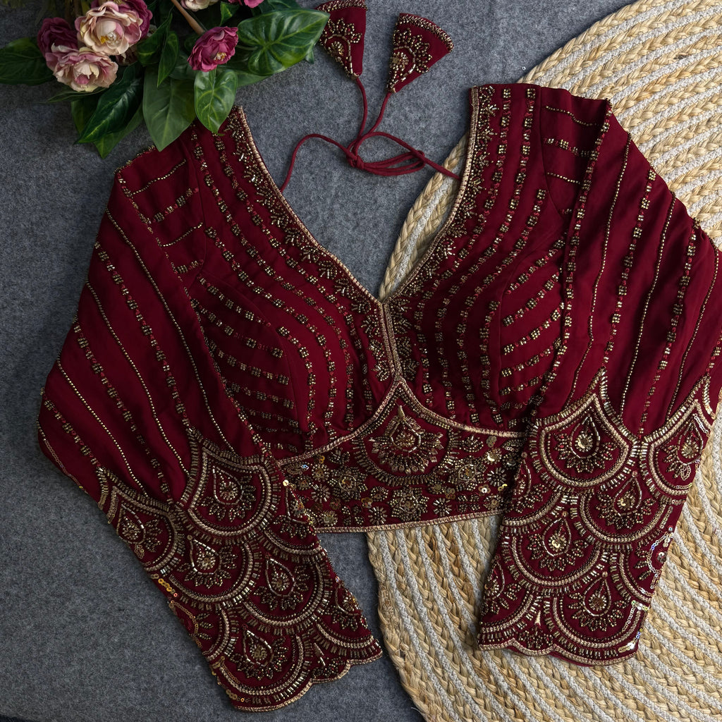 ELEGANT HAND-EMBROIDERED BEADED LONG SLEEVE BLOUSE