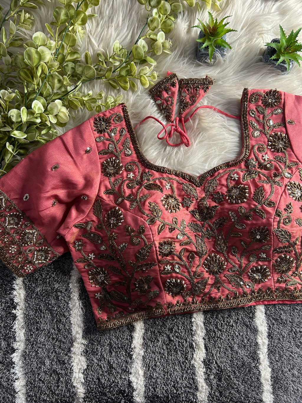 BEAUTIFUL HEAVY STARS  & BEADS COPPER MATCHING WORK BRIDAL BLOUSE