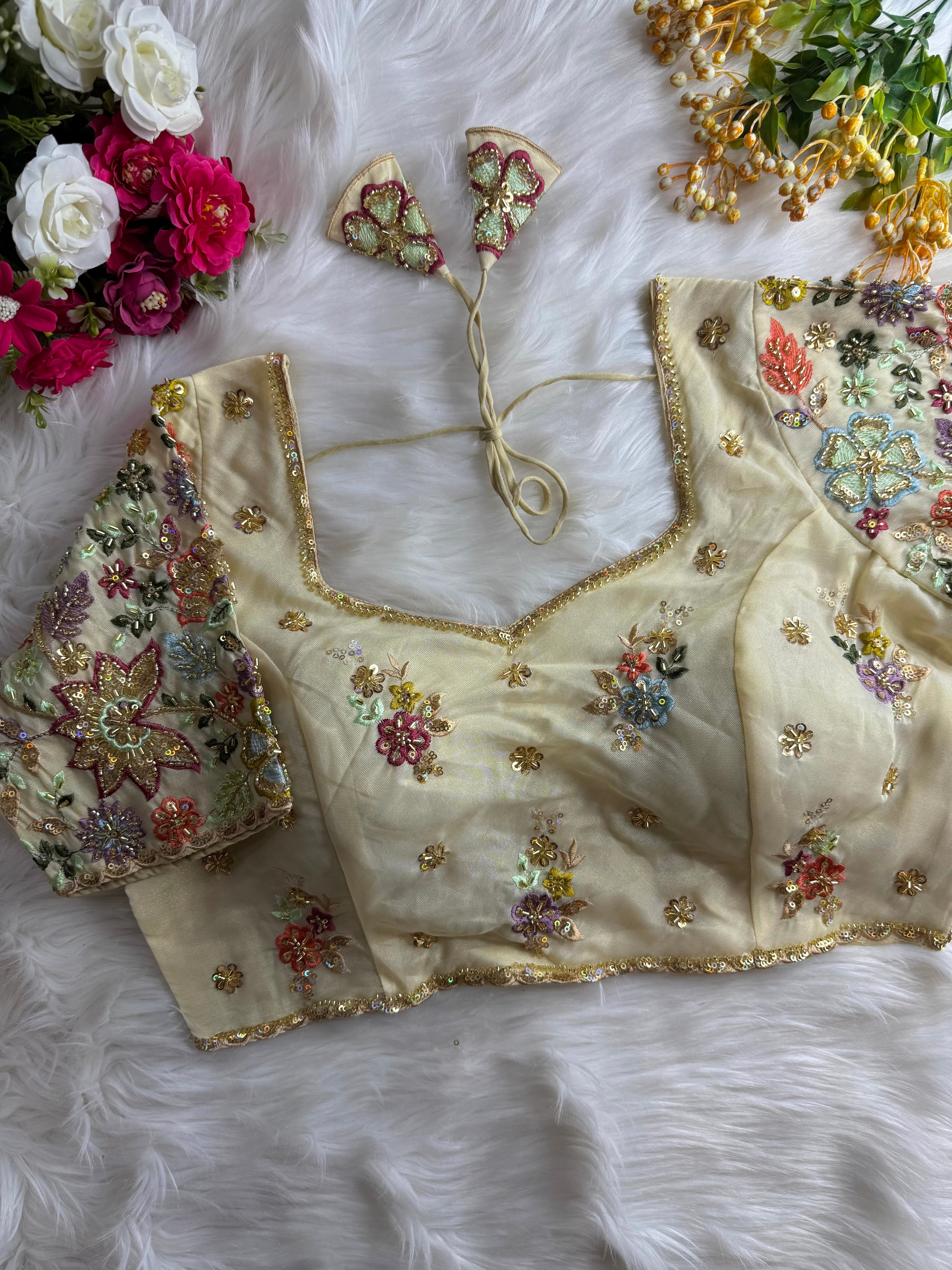 Beautiful Pure Silk handwork in All Over Sleeves Of Designer Blouse