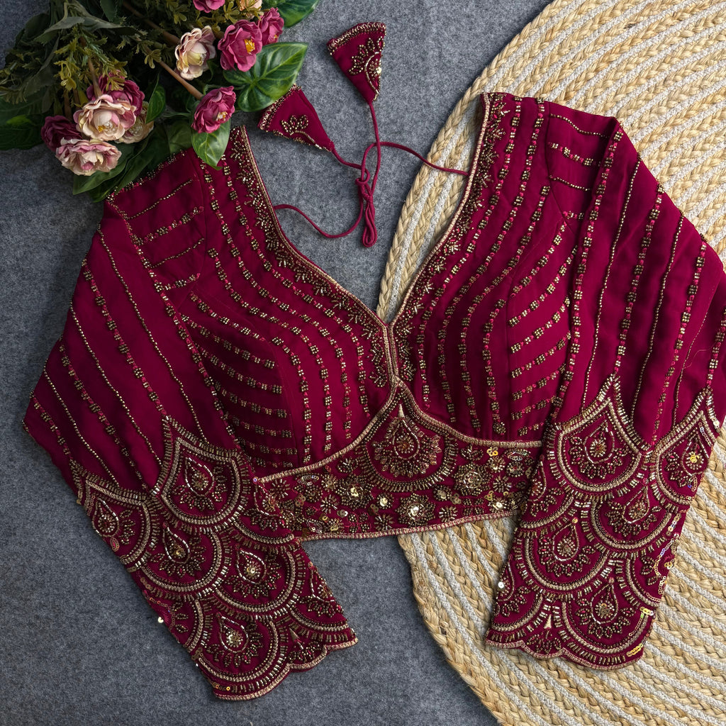 ELEGANT HAND-EMBROIDERED BEADED LONG SLEEVE BLOUSE