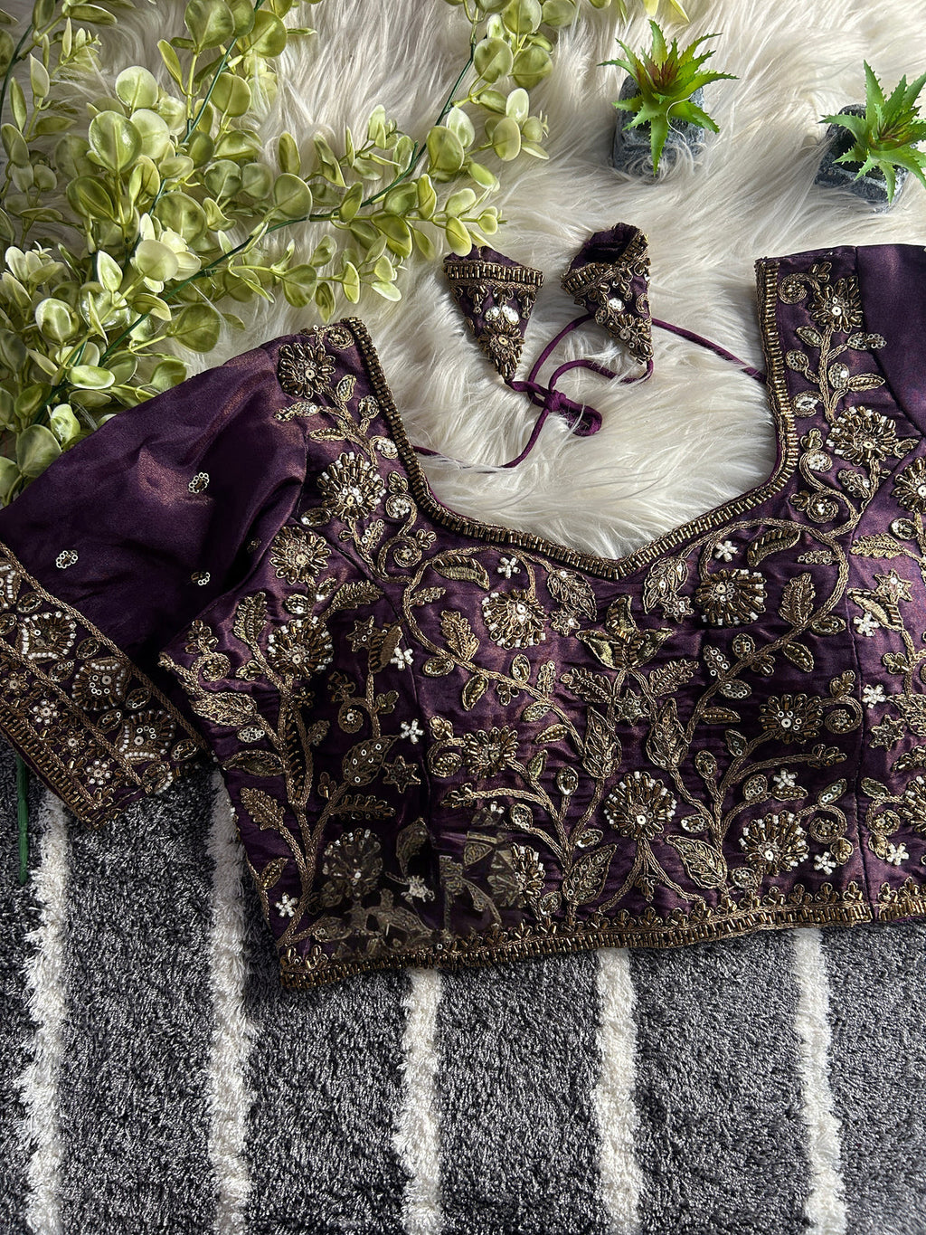 BEAUTIFUL HEAVY STARS  & BEADS COPPER MATCHING WORK BRIDAL BLOUSE