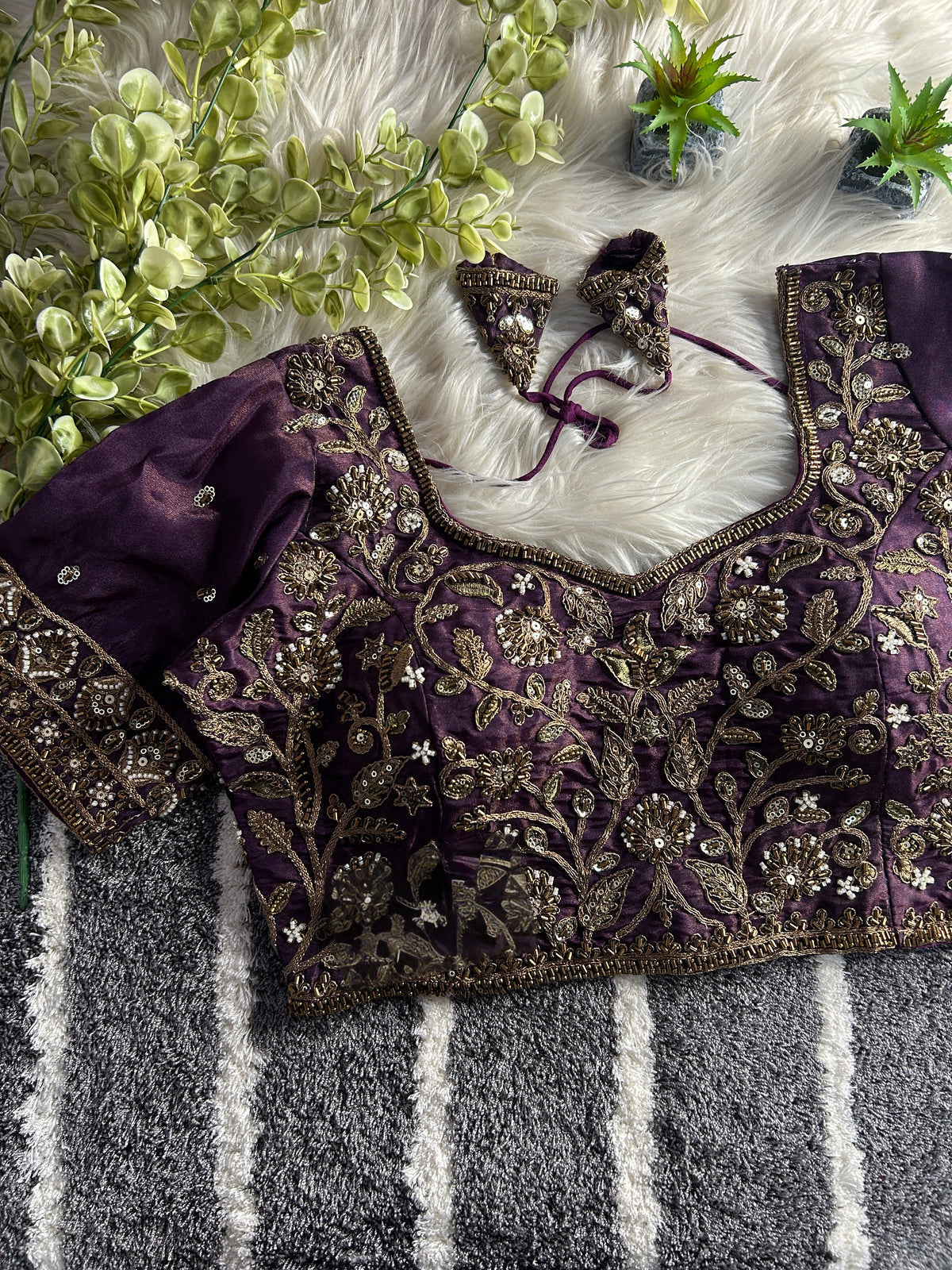 BEAUTIFUL HEAVY STARS  & BEADS COPPER MATCHING WORK BRIDAL BLOUSE