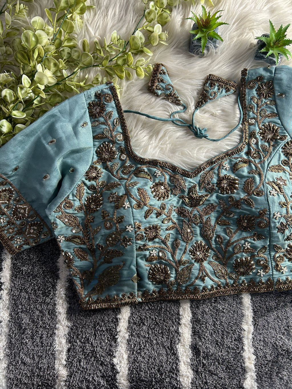 BEAUTIFUL HEAVY STARS  & BEADS COPPER MATCHING WORK BRIDAL BLOUSE