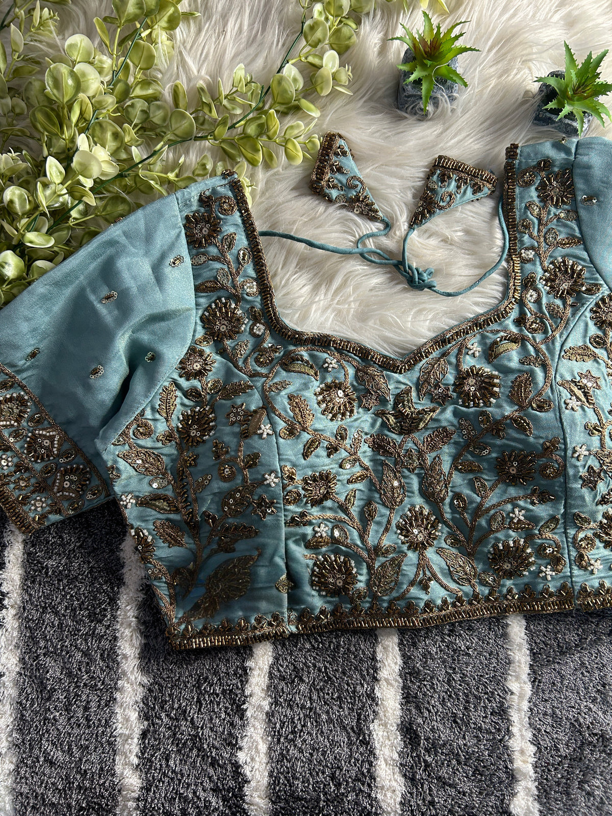 BEAUTIFUL HEAVY STARS  & BEADS COPPER MATCHING WORK BRIDAL BLOUSE