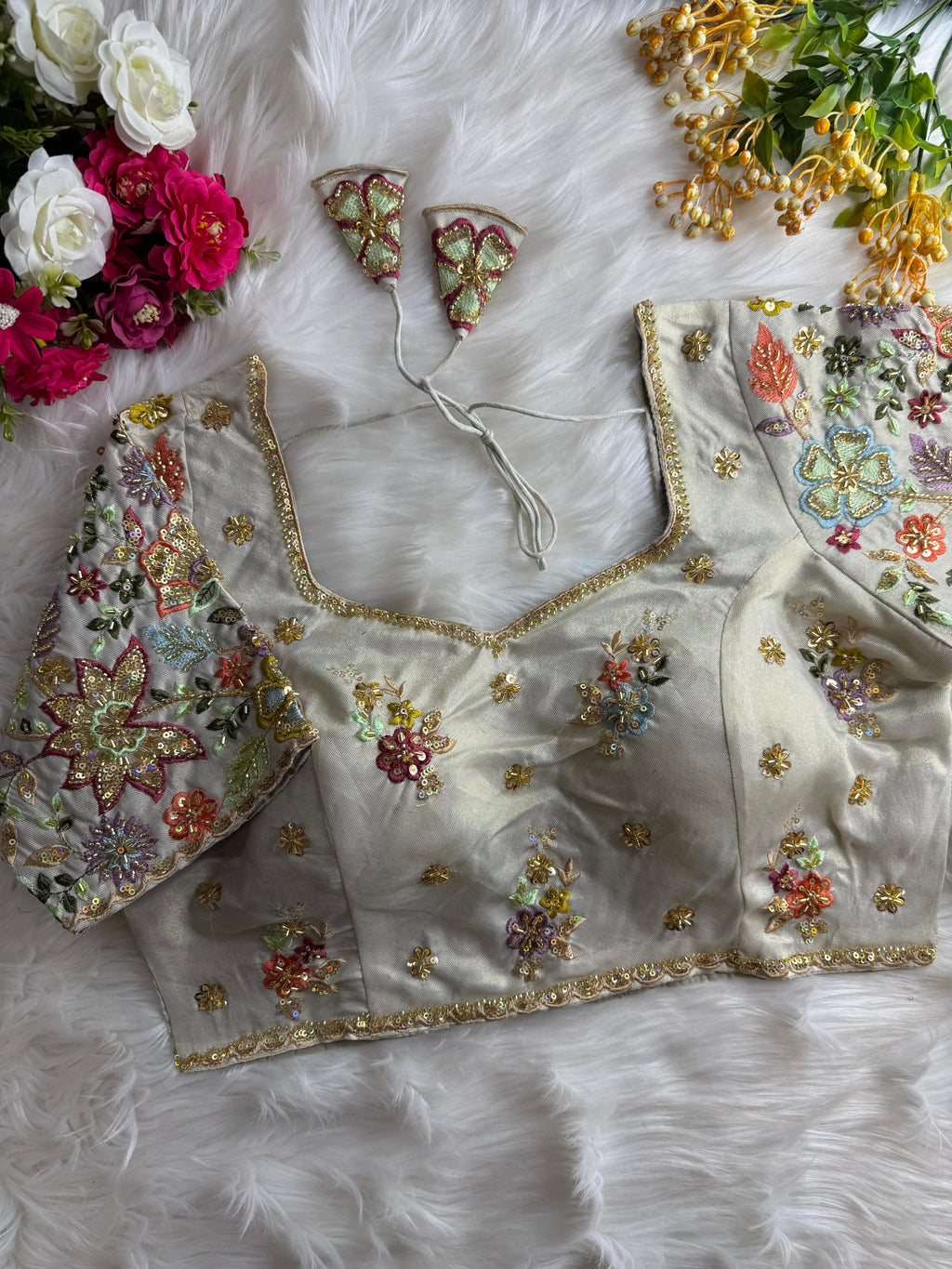 Beautiful Pure Silk handwork in All Over Sleeves Of Designer Blouse