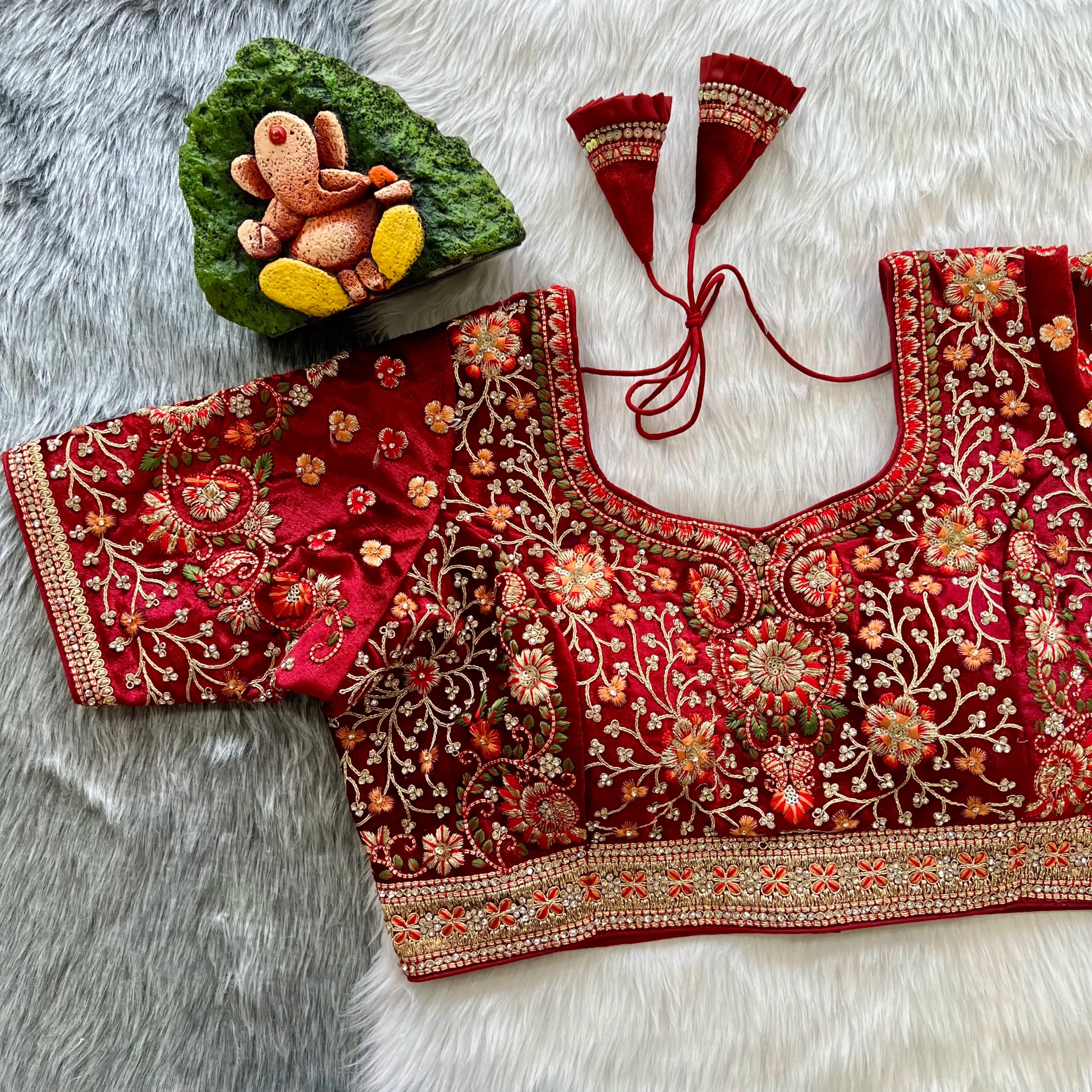 Luxury Velvet Bridal Blouse with Diamond Embroidery Handwork