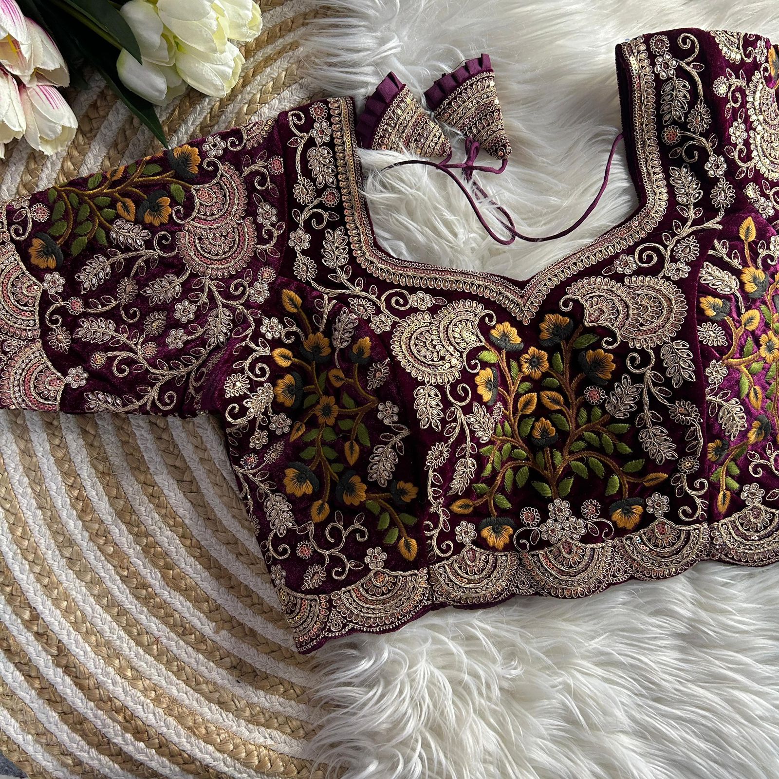 Luxury Velvet Wedding Embroidered Bridal Blouse