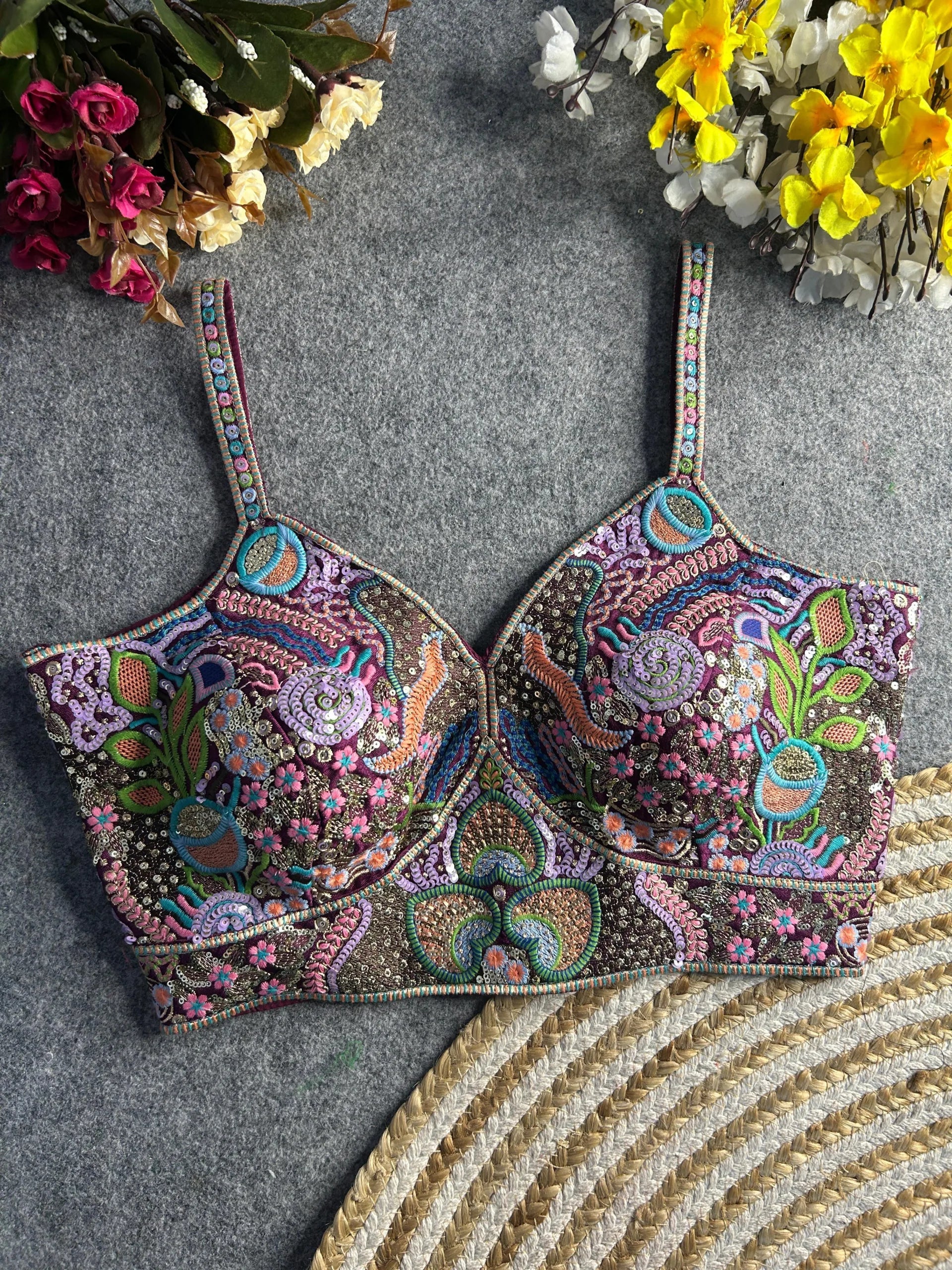 Luxury Italian Silk Spaghetti Strap Embroidered Blouse