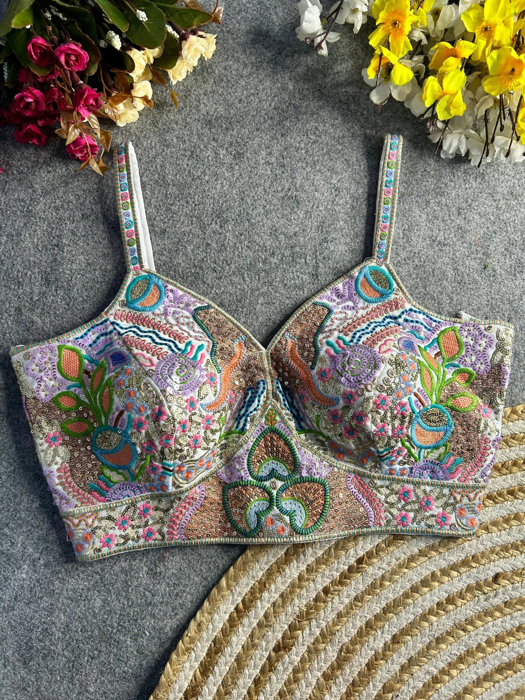 Luxury Italian Silk Spaghetti Strap Embroidered Blouse