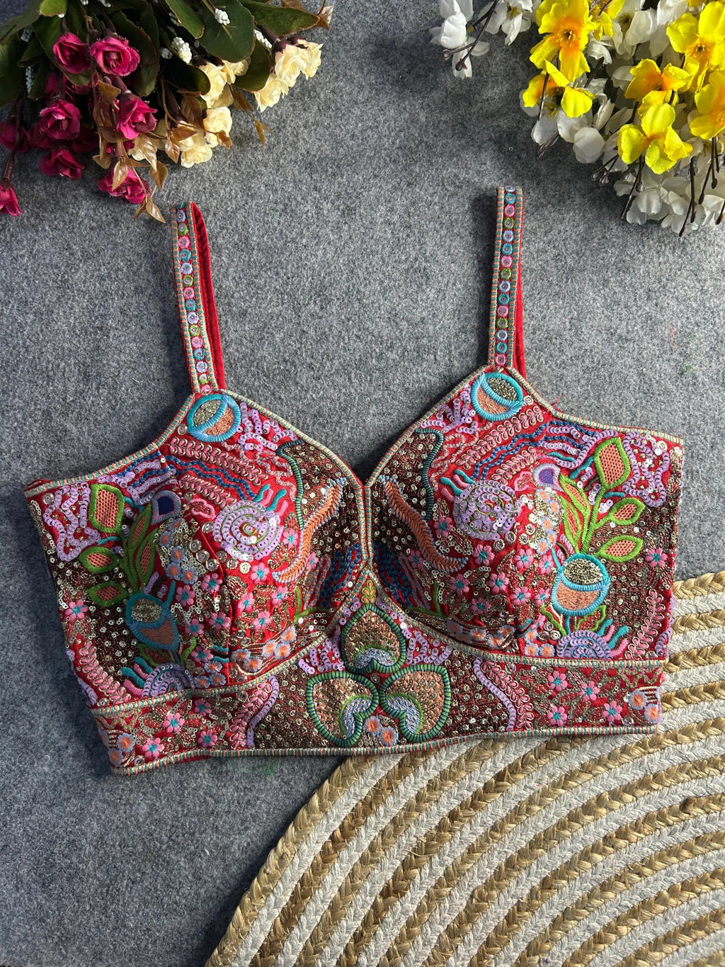 Luxury Italian Silk Spaghetti Strap Embroidered Blouse