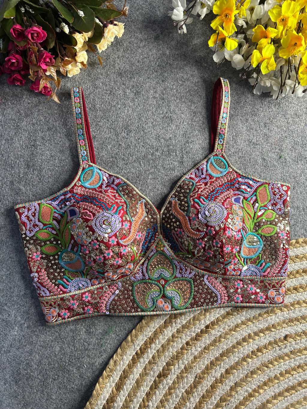 Luxury Italian Silk Spaghetti Strap Embroidered Blouse