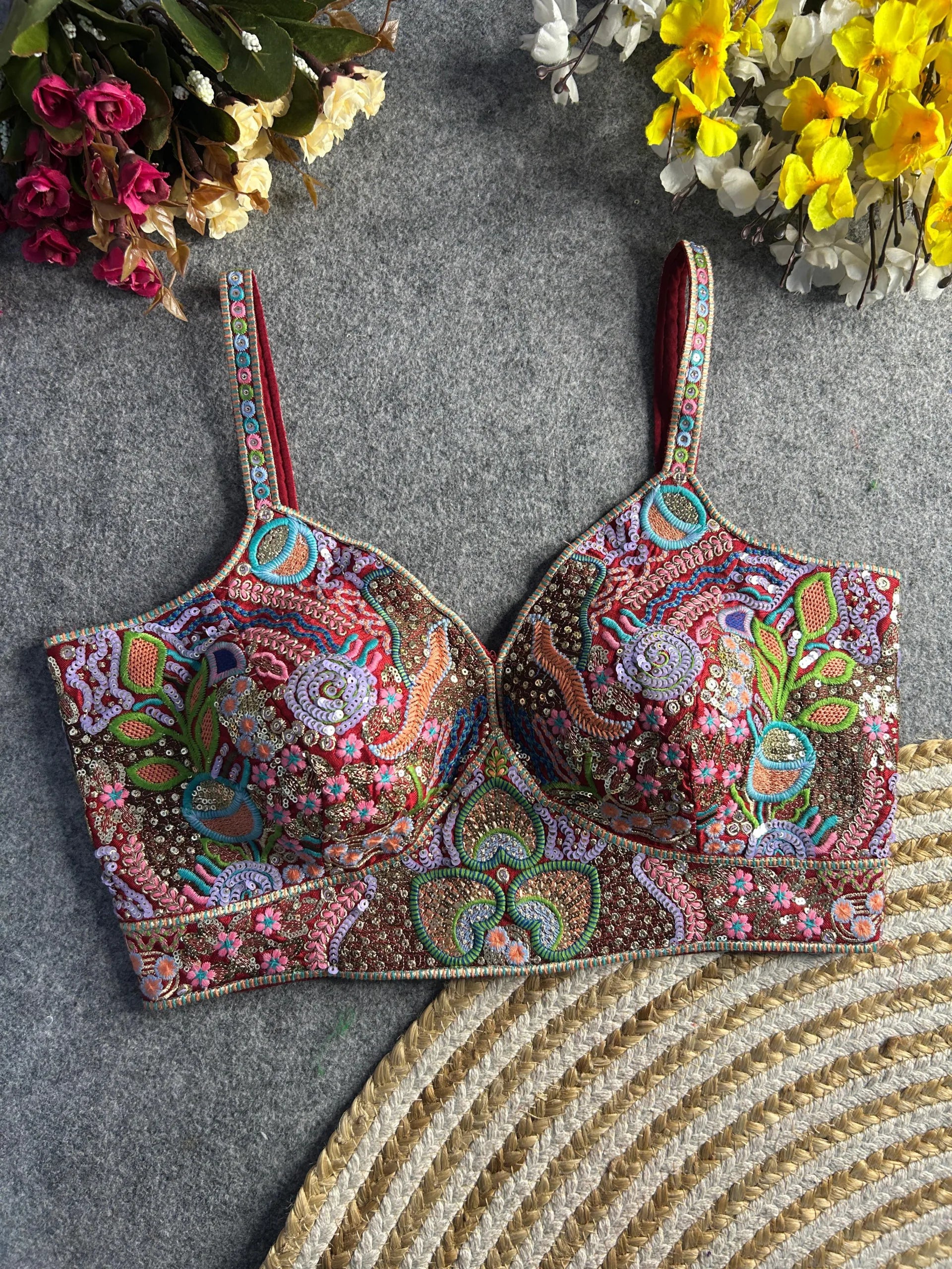 Luxury Italian Silk Spaghetti Strap Embroidered Blouse