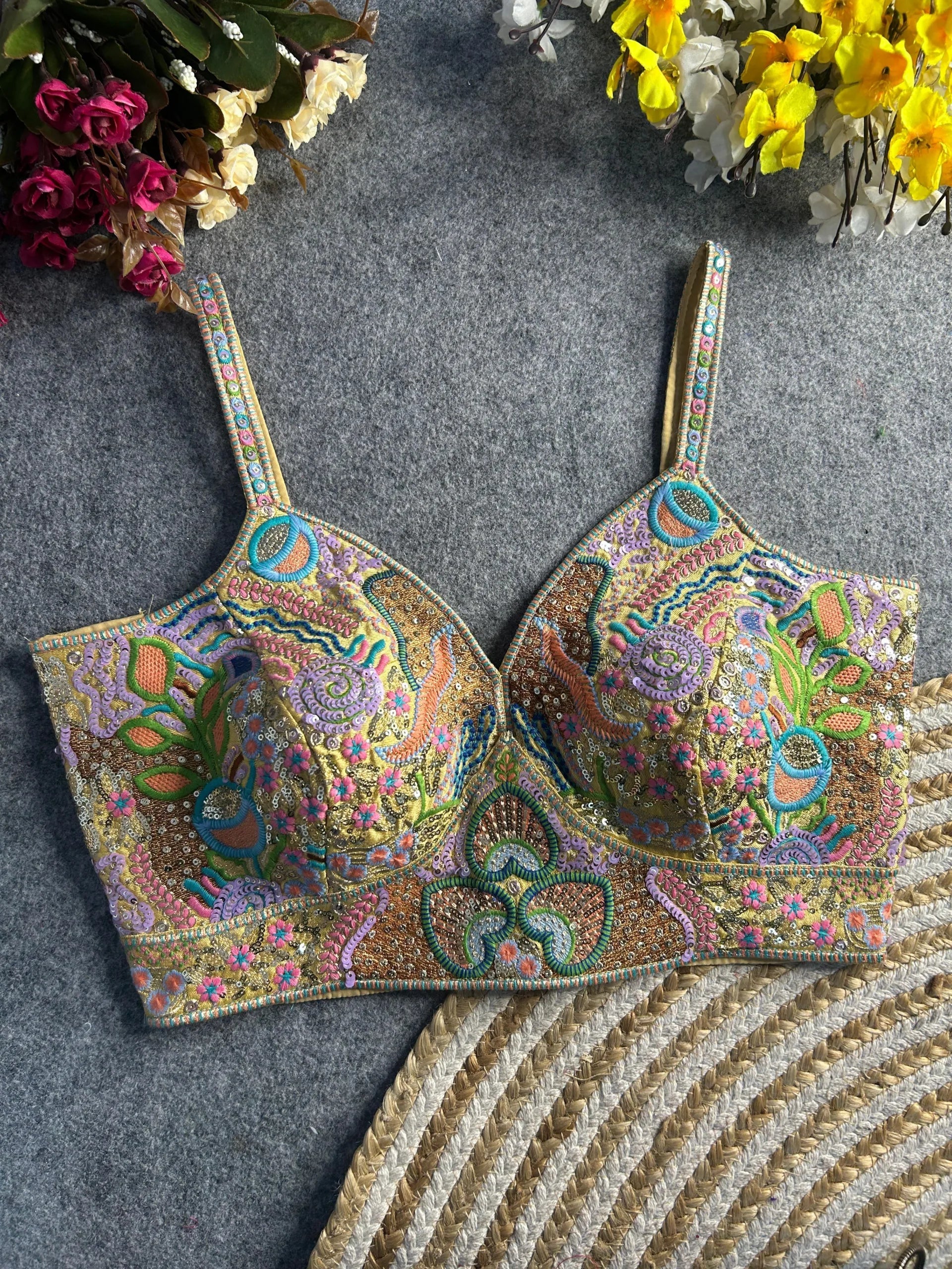 Luxury Italian Silk Spaghetti Strap Embroidered Blouse