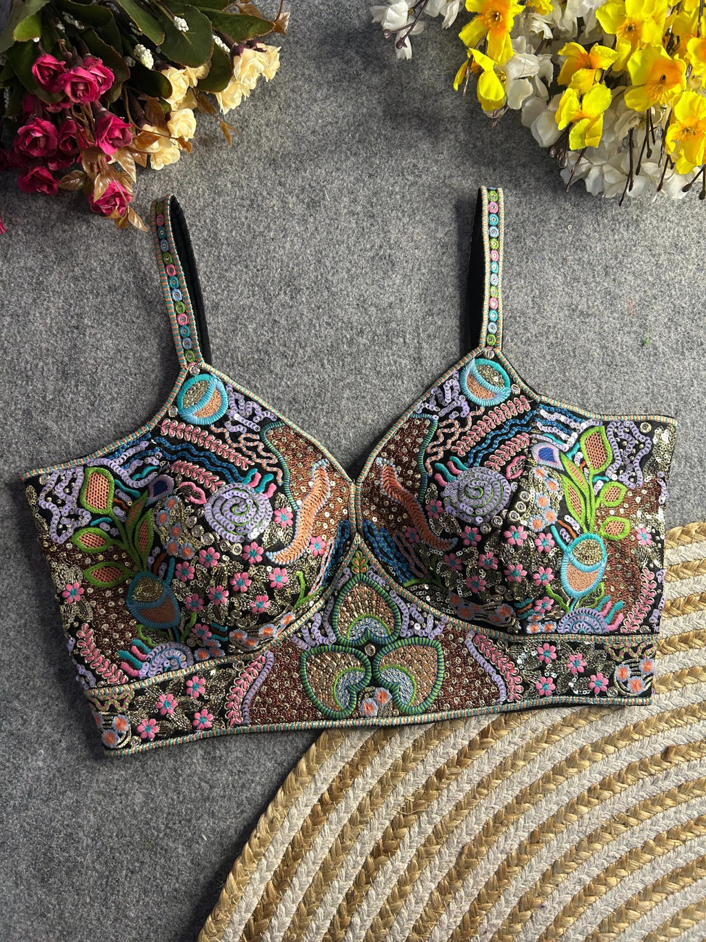 Luxury Italian Silk Spaghetti Strap Embroidered Blouse