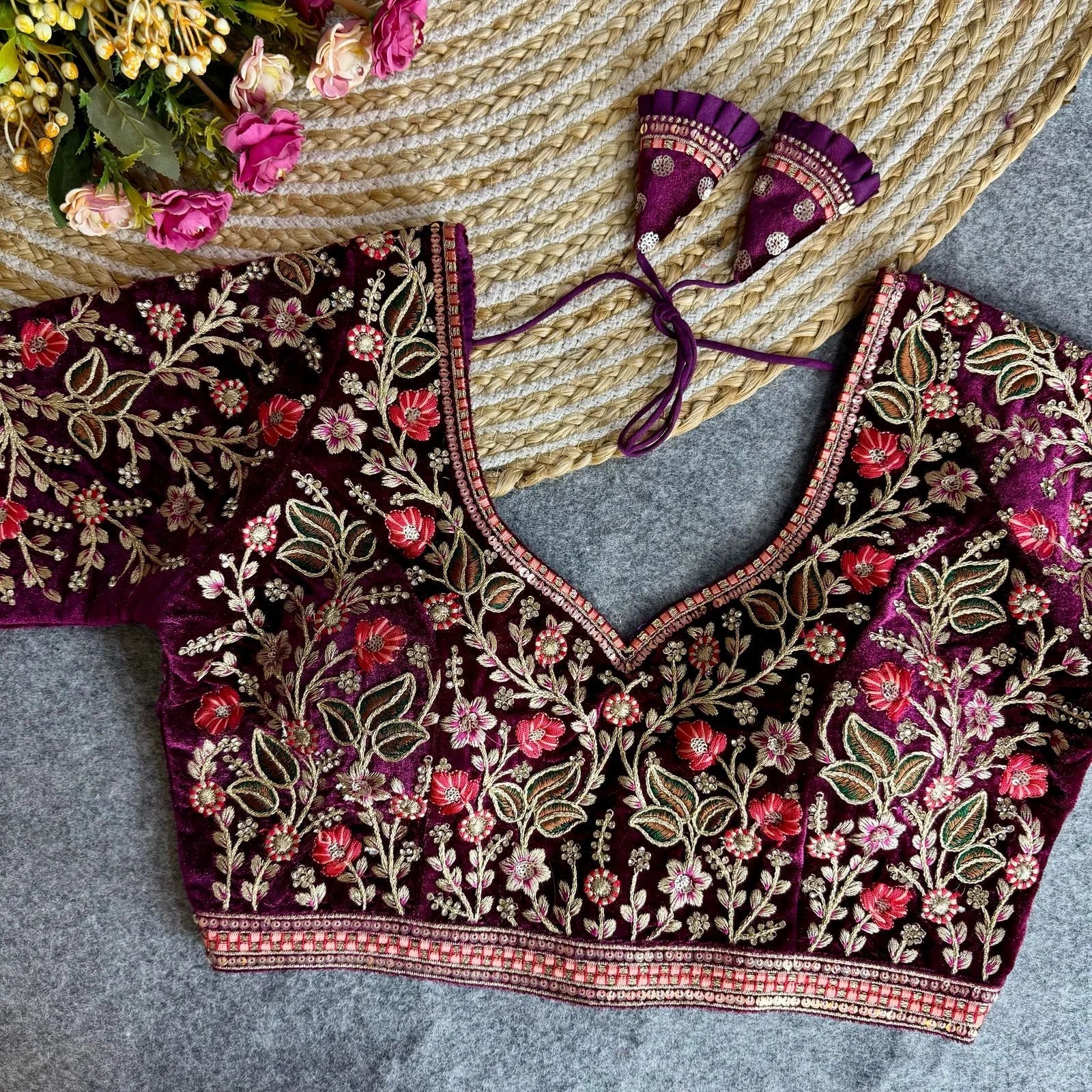 Heavy Velvet Bridal Blouse with American Diamond Handwork