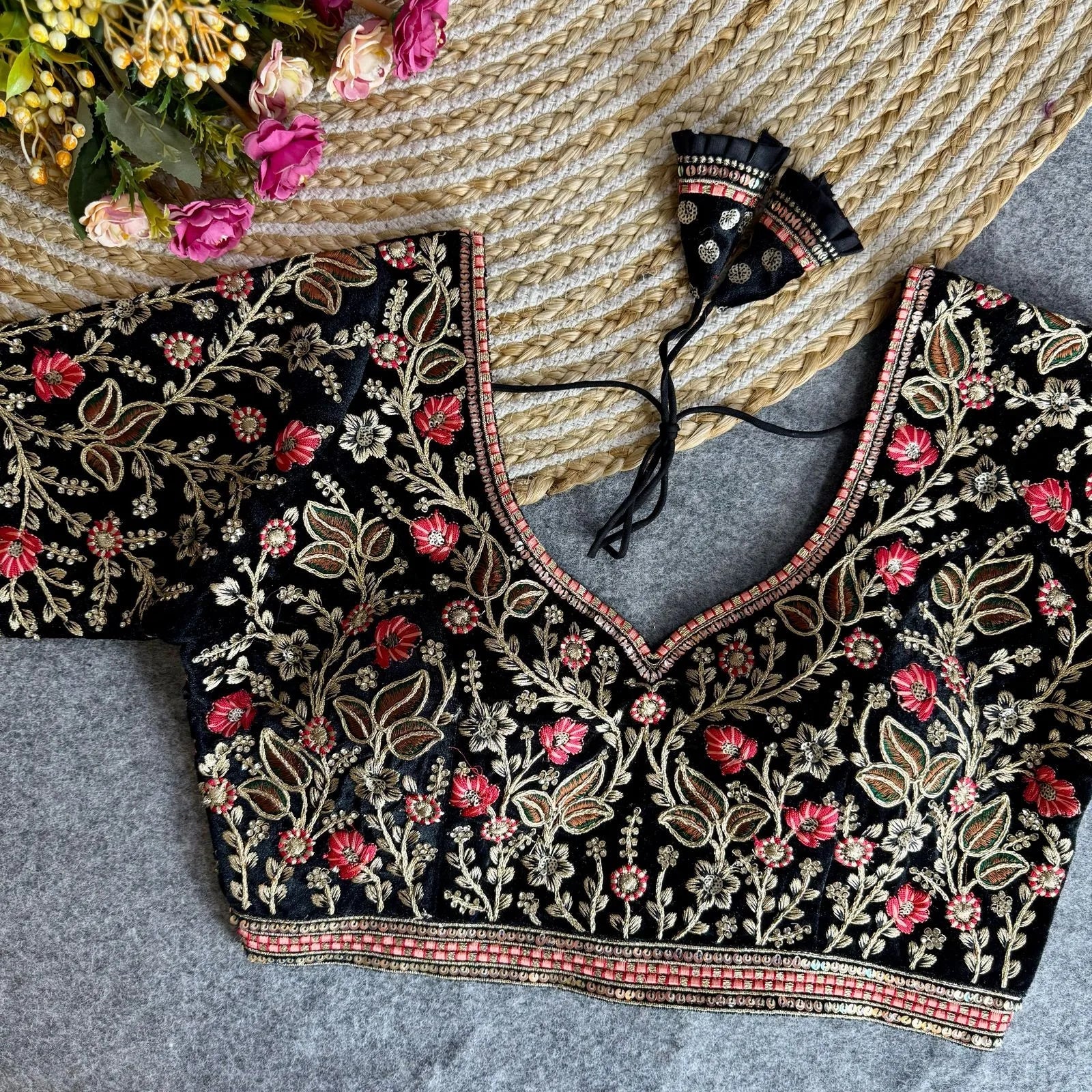 Heavy Velvet Bridal Blouse with American Diamond Handwork