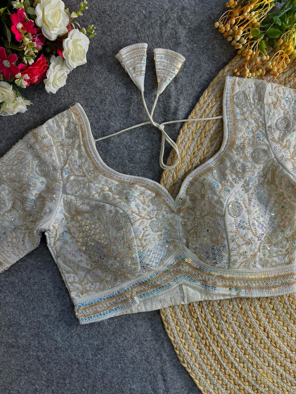 Premium Hand-Embroidered Bridal Blouse with Beaded Detailing