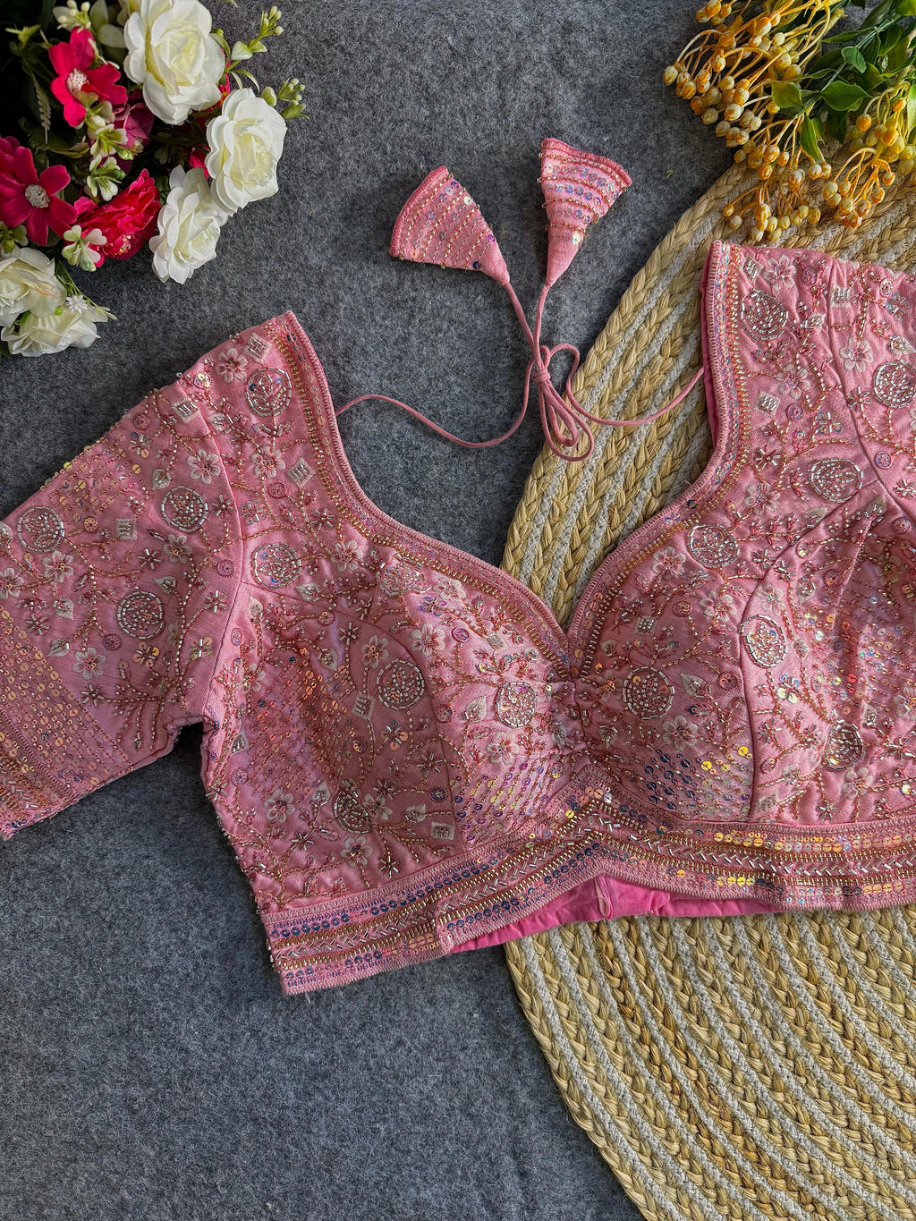 Premium Hand-Embroidered Bridal Blouse with Beaded Detailing