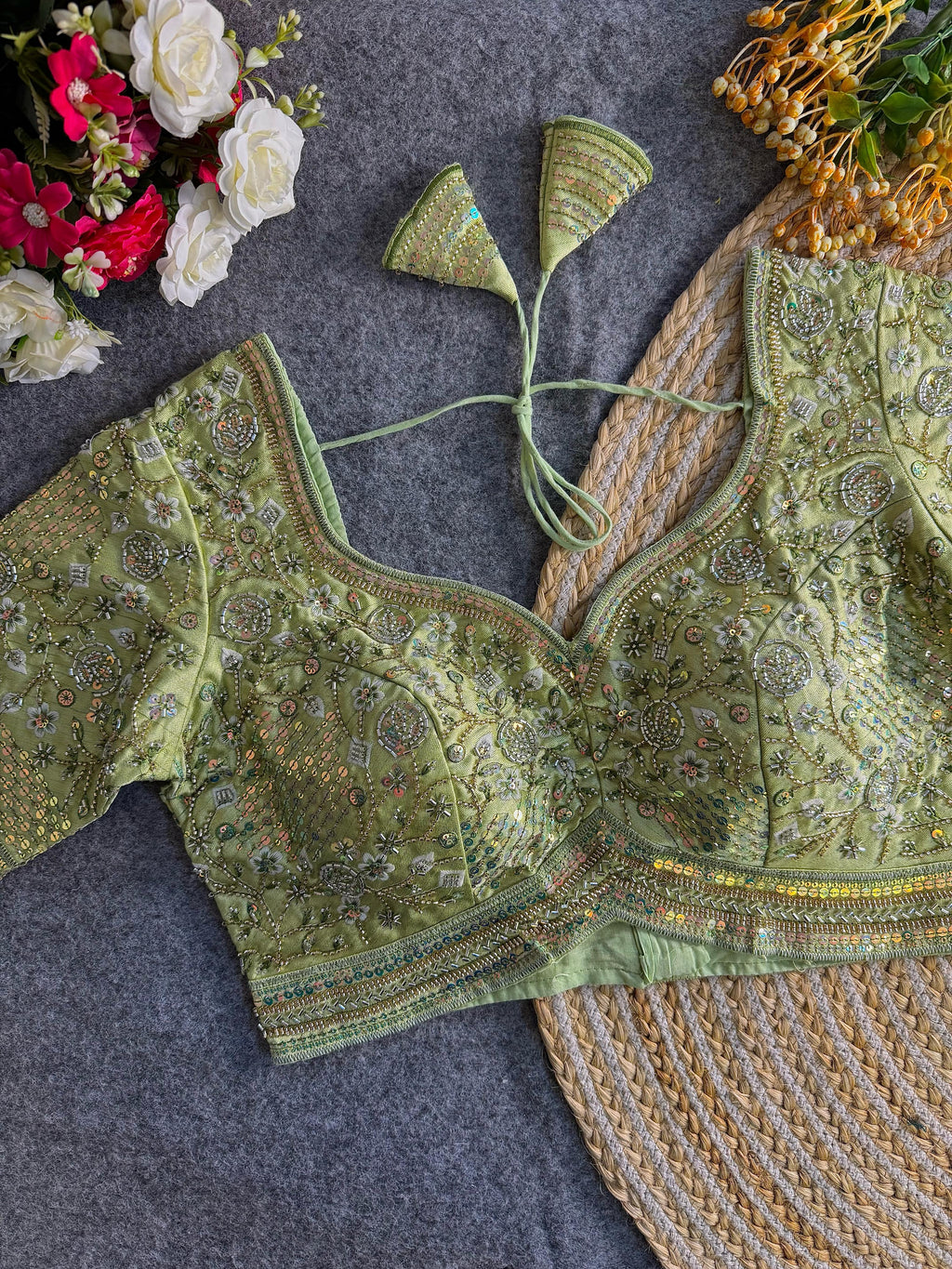 Premium Hand-Embroidered Bridal Blouse with Beaded Detailing