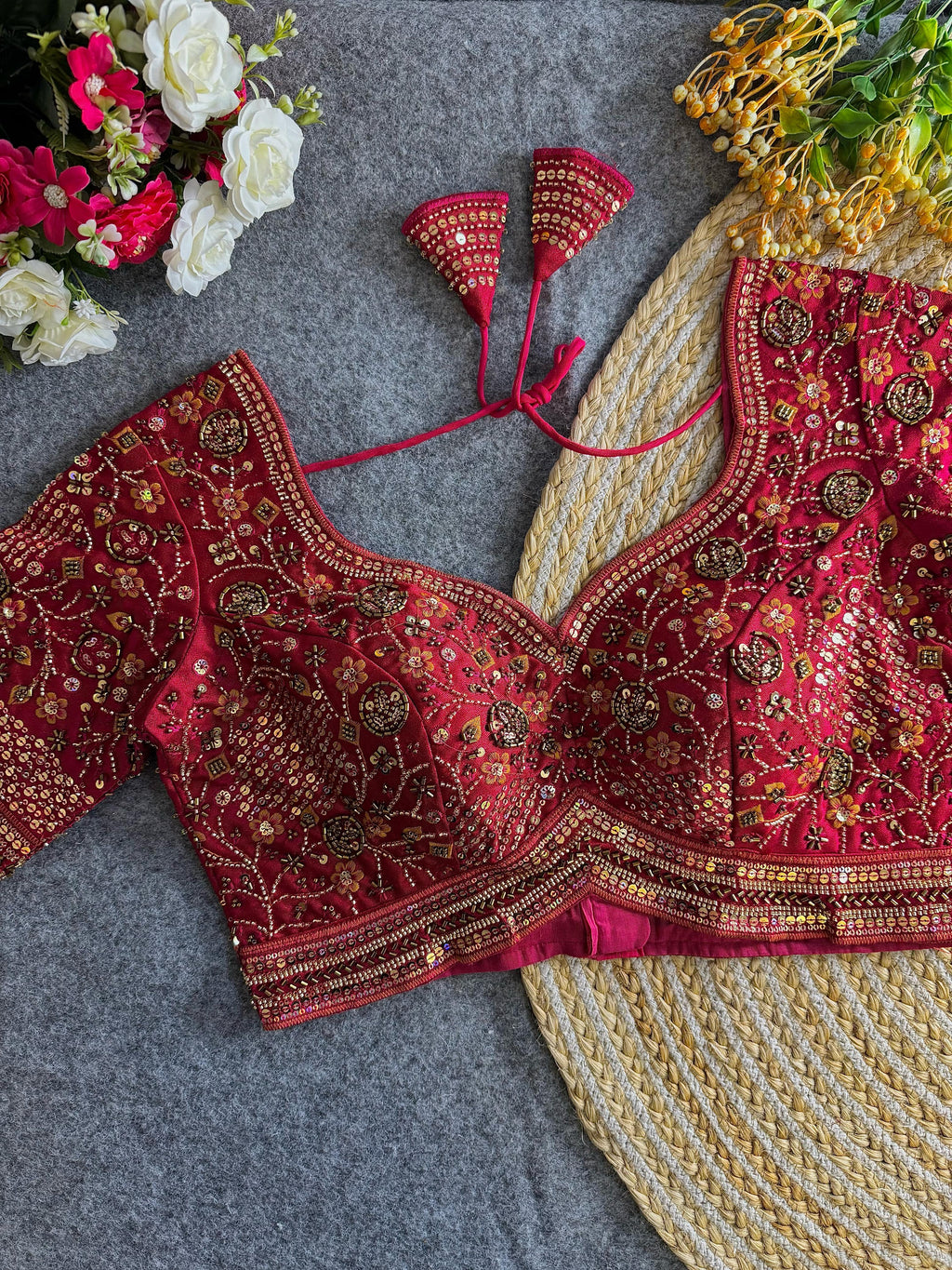 Premium Hand-Embroidered Bridal Blouse with Beaded Detailing