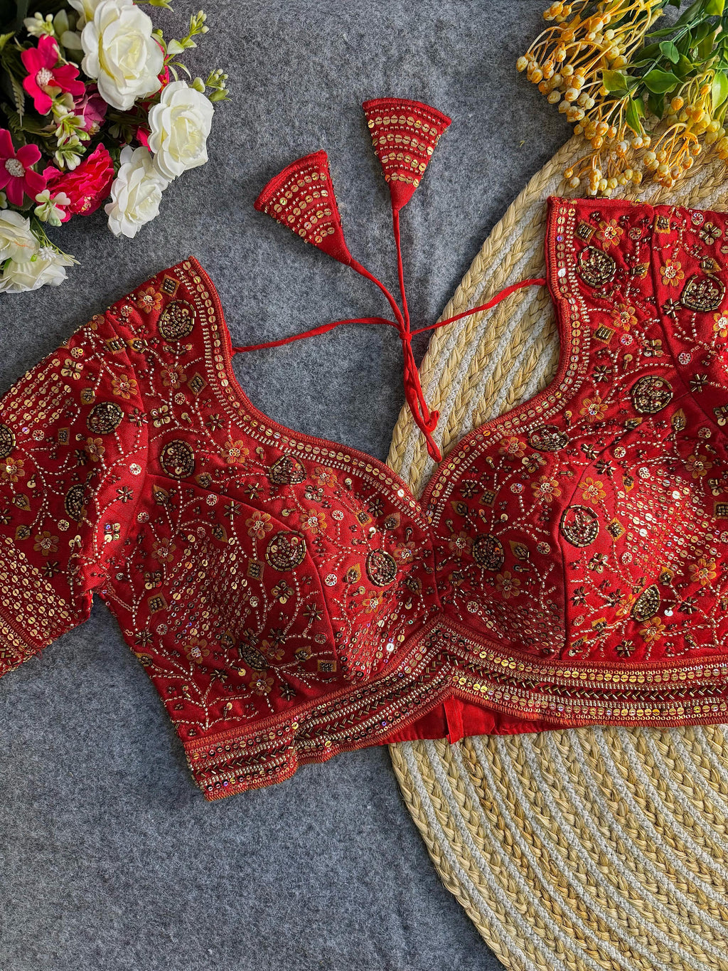 Premium Hand-Embroidered Bridal Blouse with Beaded Detailing