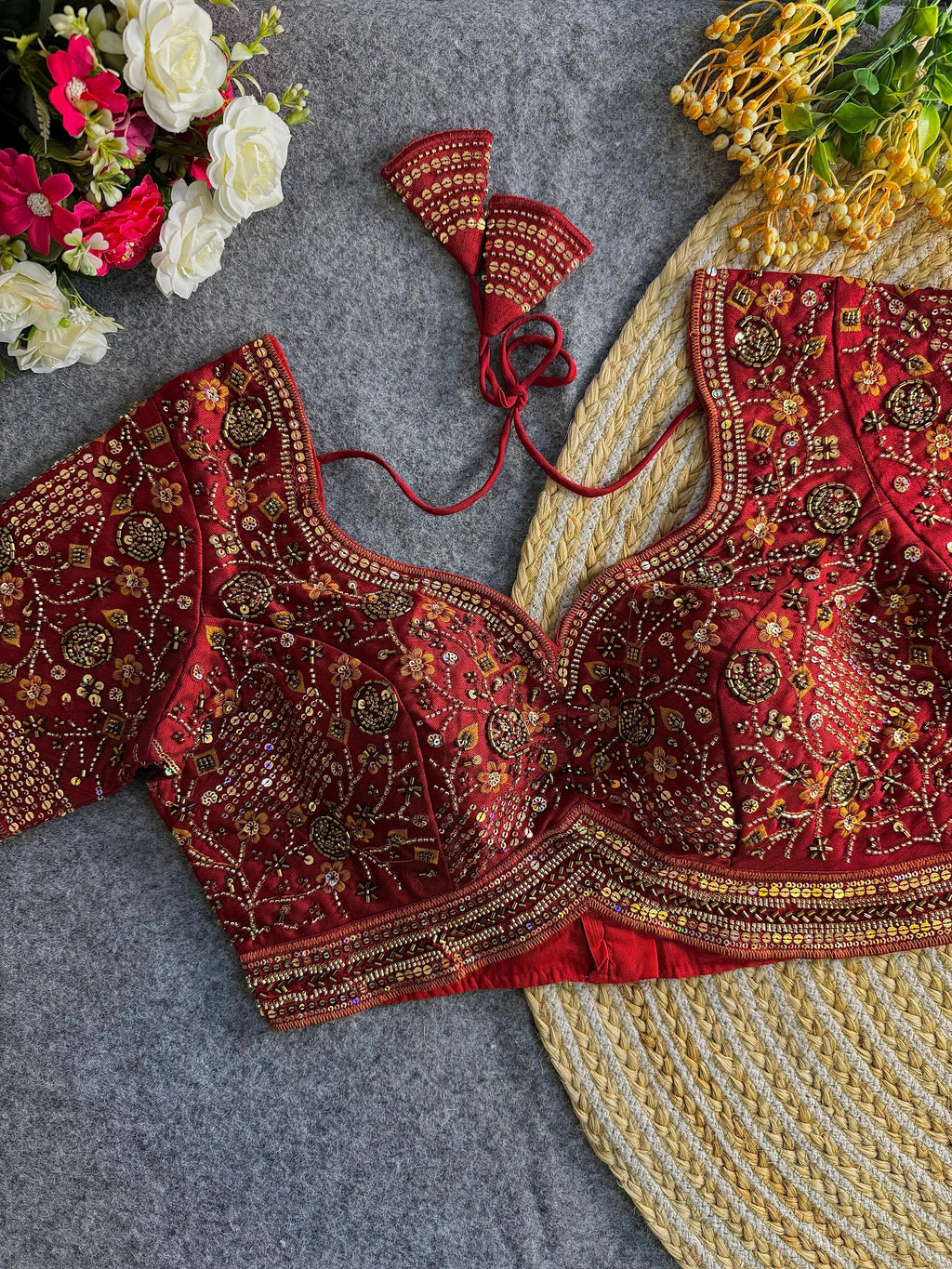 Premium Hand-Embroidered Bridal Blouse with Beaded Detailing