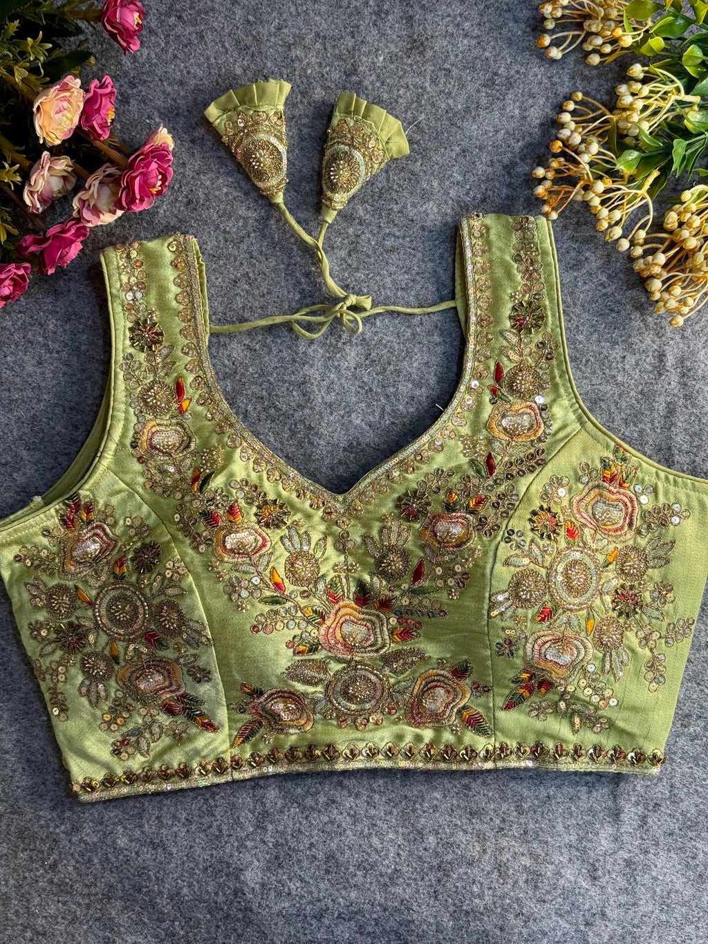 Italian Silk Readymade Bridal Blouse – Heavy Beads & Cording Work