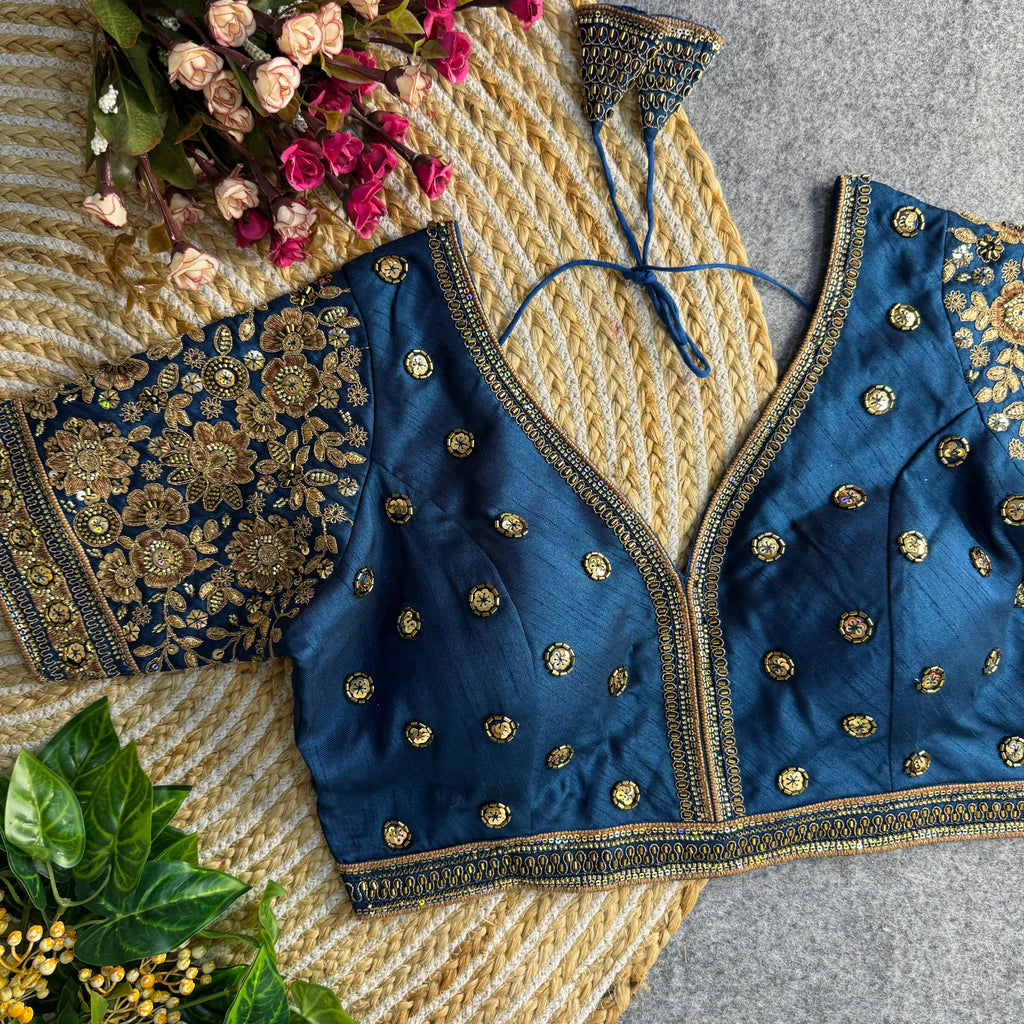 BEAUTIFUL HEAVY SABYASACHI STYLE V- NECK BEADS COPPER MATCHING WORK BRIDAL BLOUSE