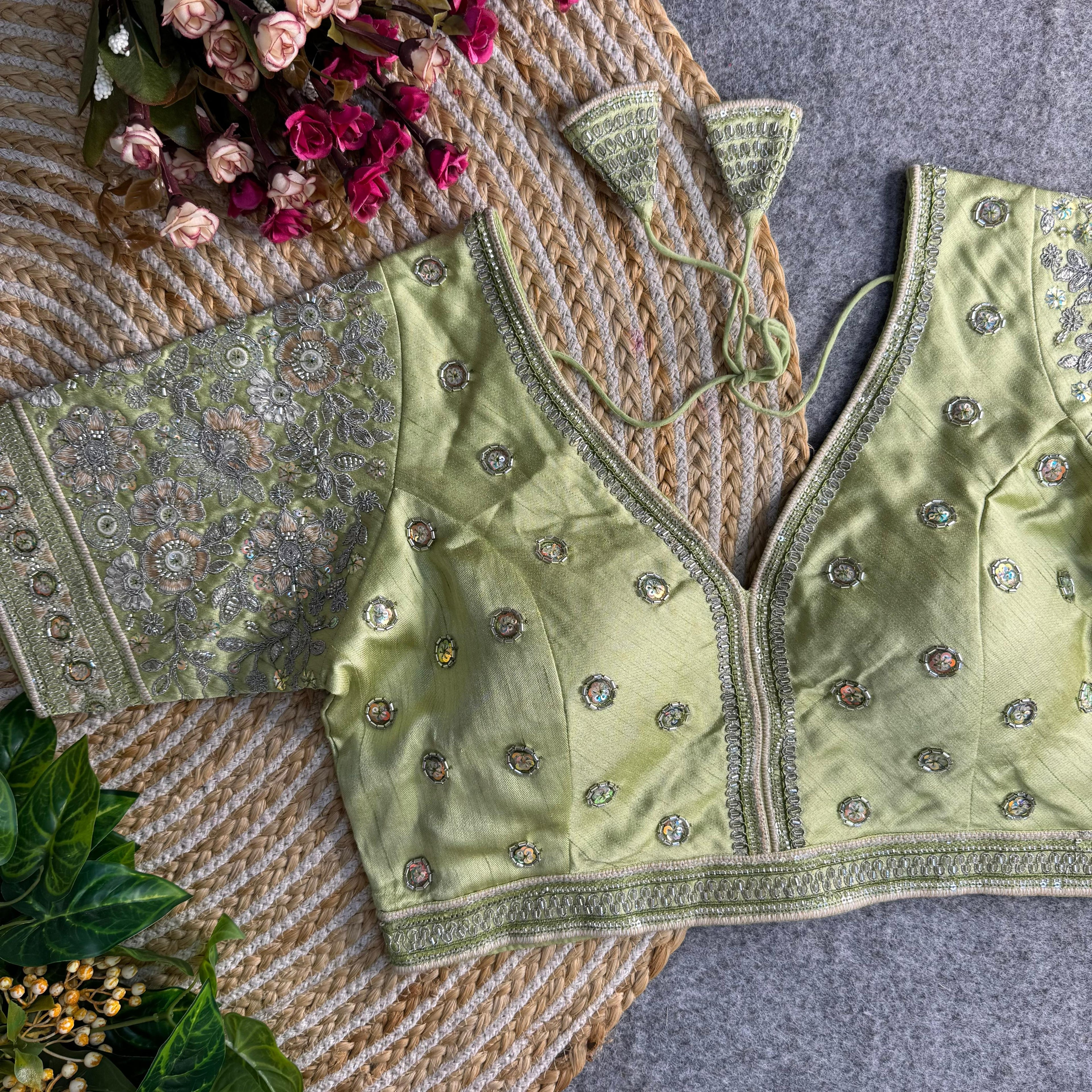 BEAUTIFUL HEAVY SABYASACHI STYLE V- NECK BEADS COPPER MATCHING WORK BRIDAL BLOUSE