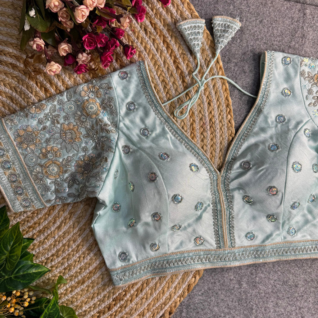 BEAUTIFUL HEAVY SABYASACHI STYLE V- NECK BEADS COPPER MATCHING WORK BRIDAL BLOUSE