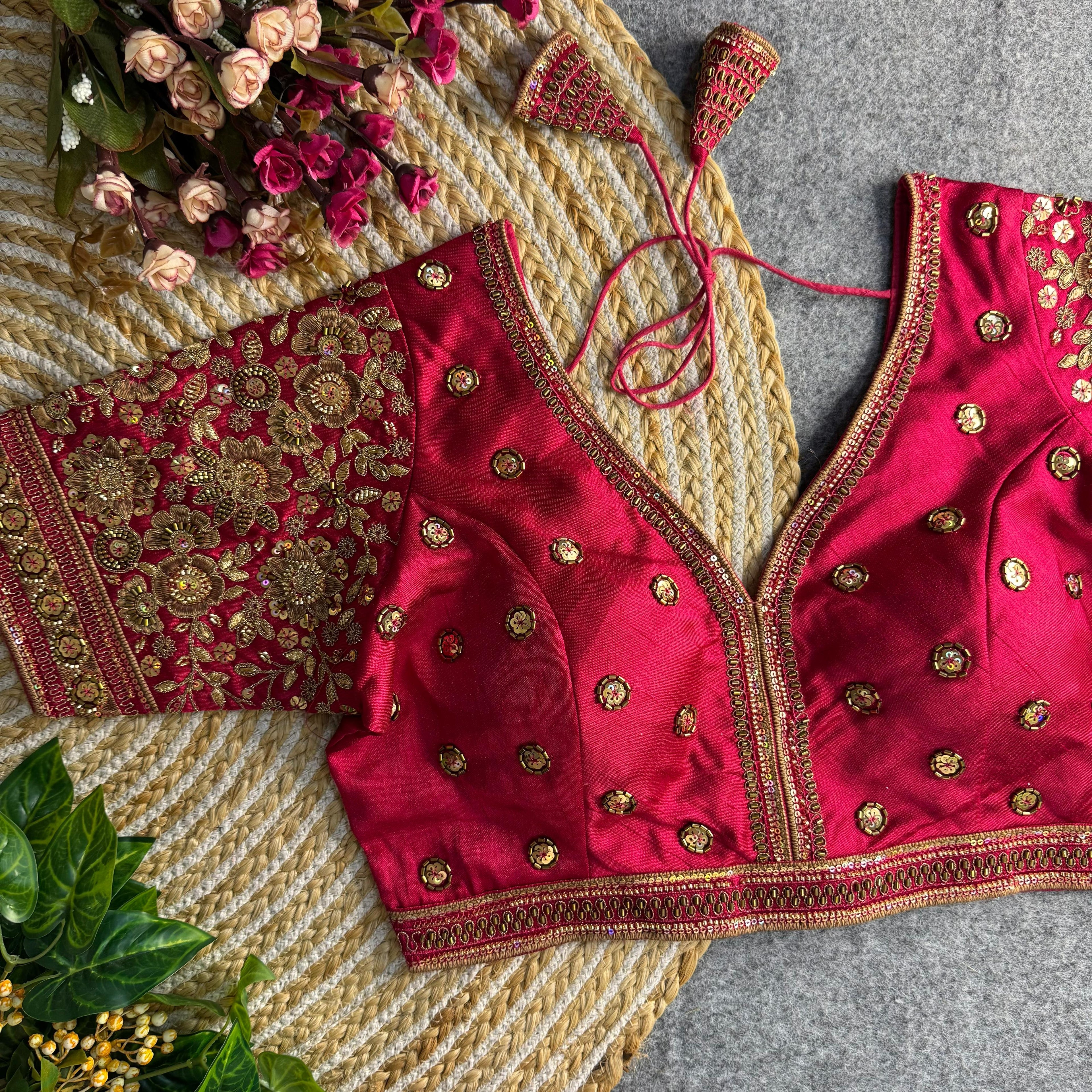 BEAUTIFUL HEAVY SABYASACHI STYLE V- NECK BEADS COPPER MATCHING WORK BRIDAL BLOUSE