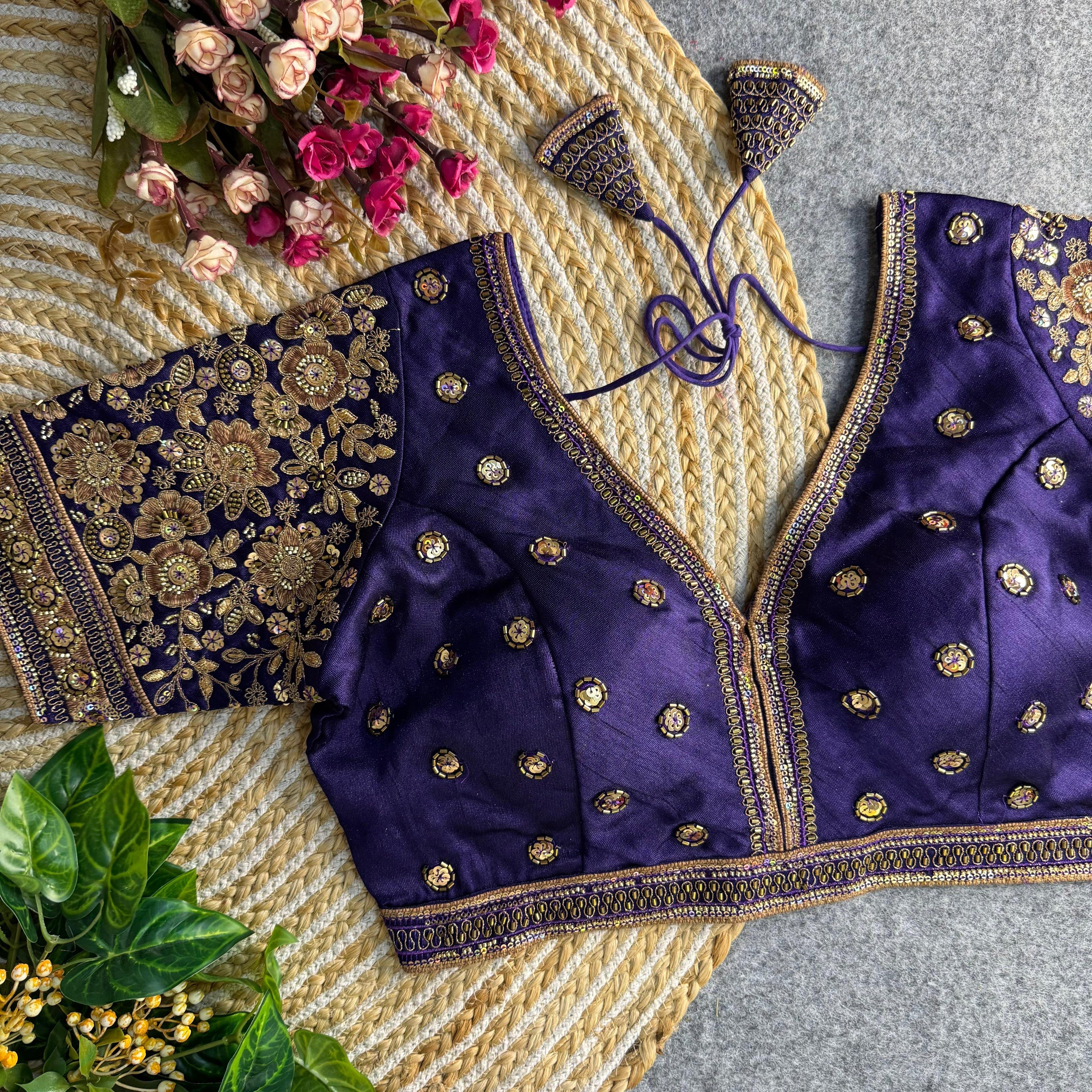 BEAUTIFUL HEAVY SABYASACHI STYLE V- NECK BEADS COPPER MATCHING WORK BRIDAL BLOUSE