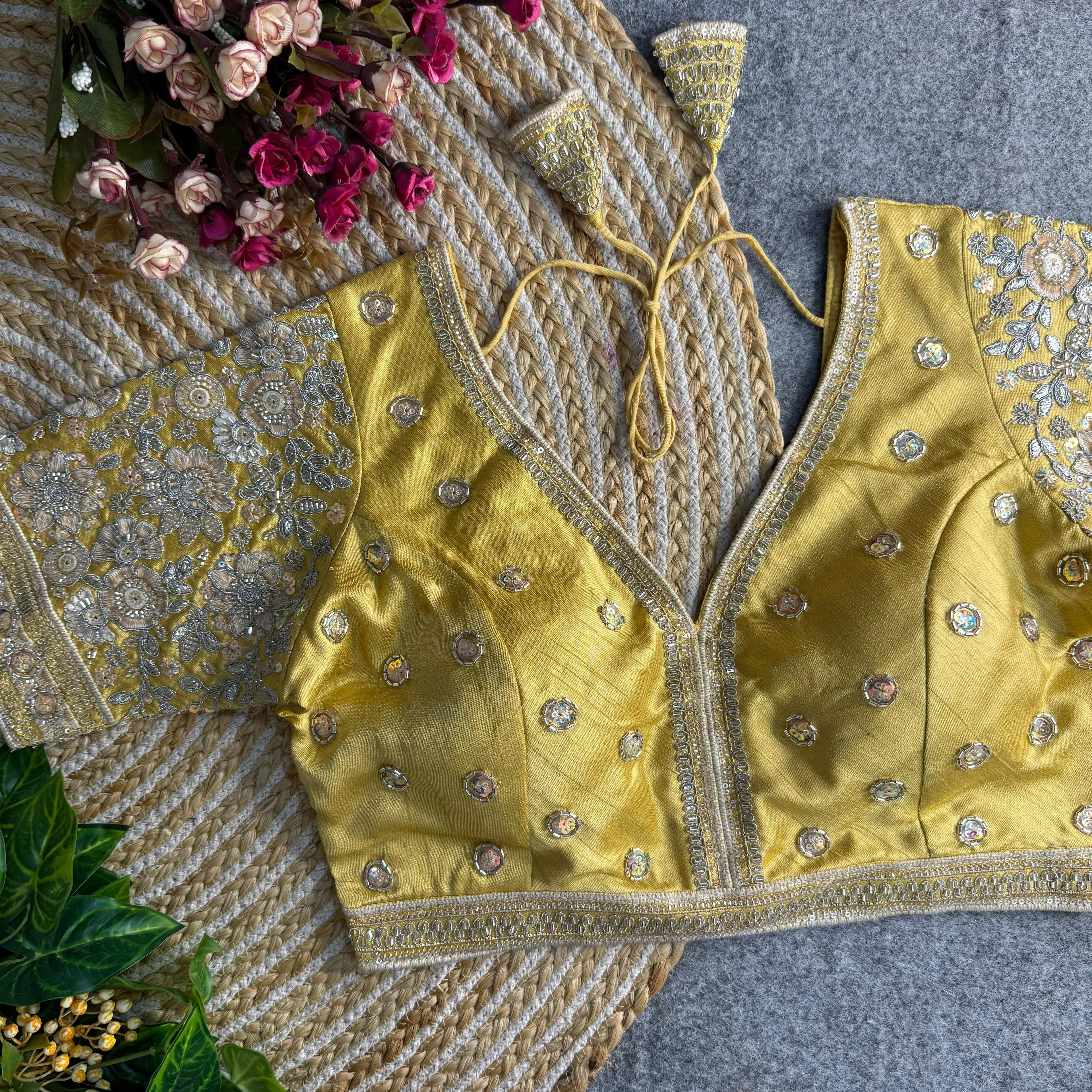 BEAUTIFUL HEAVY SABYASACHI STYLE V- NECK BEADS COPPER MATCHING WORK BRIDAL BLOUSE