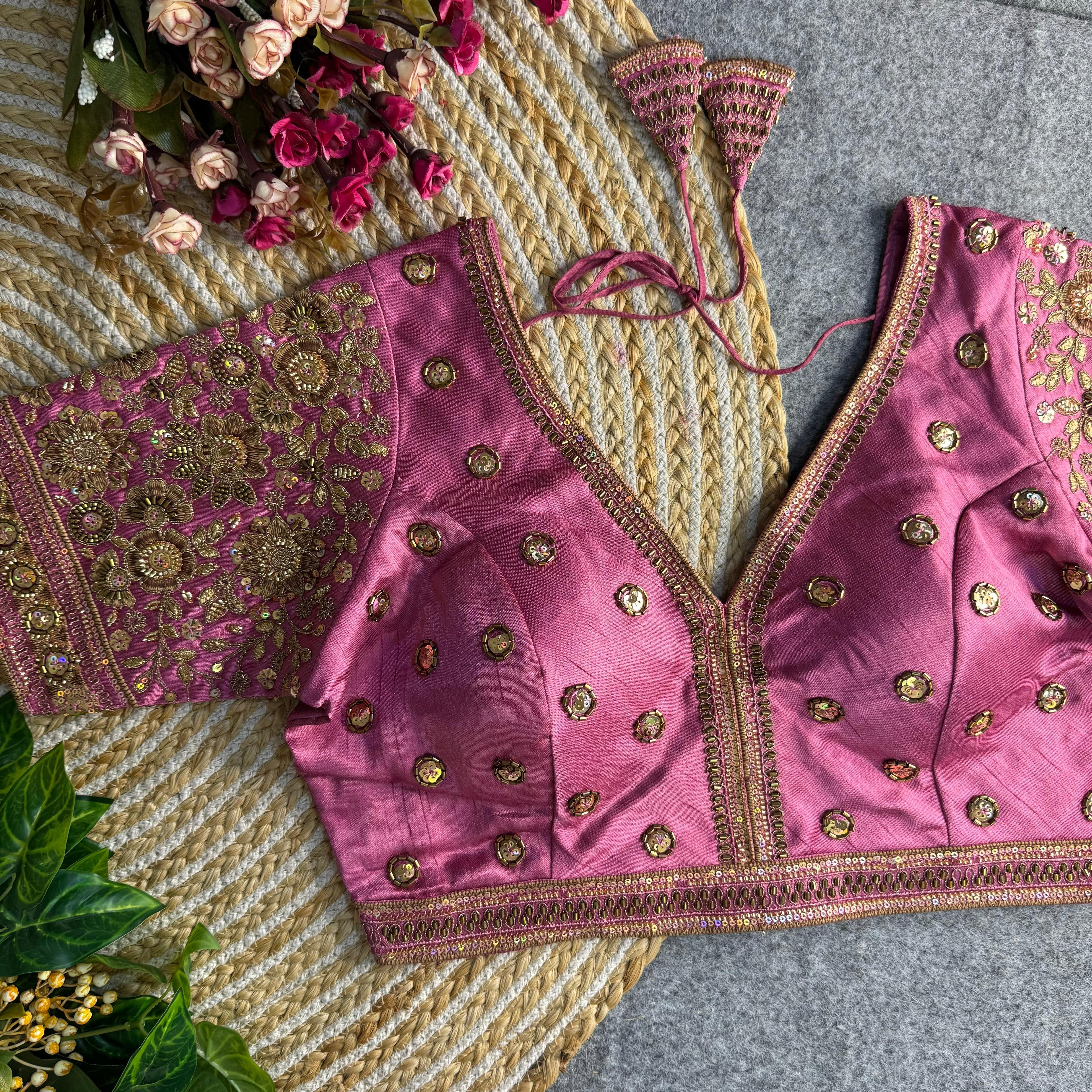 BEAUTIFUL HEAVY SABYASACHI STYLE V- NECK BEADS COPPER MATCHING WORK BRIDAL BLOUSE