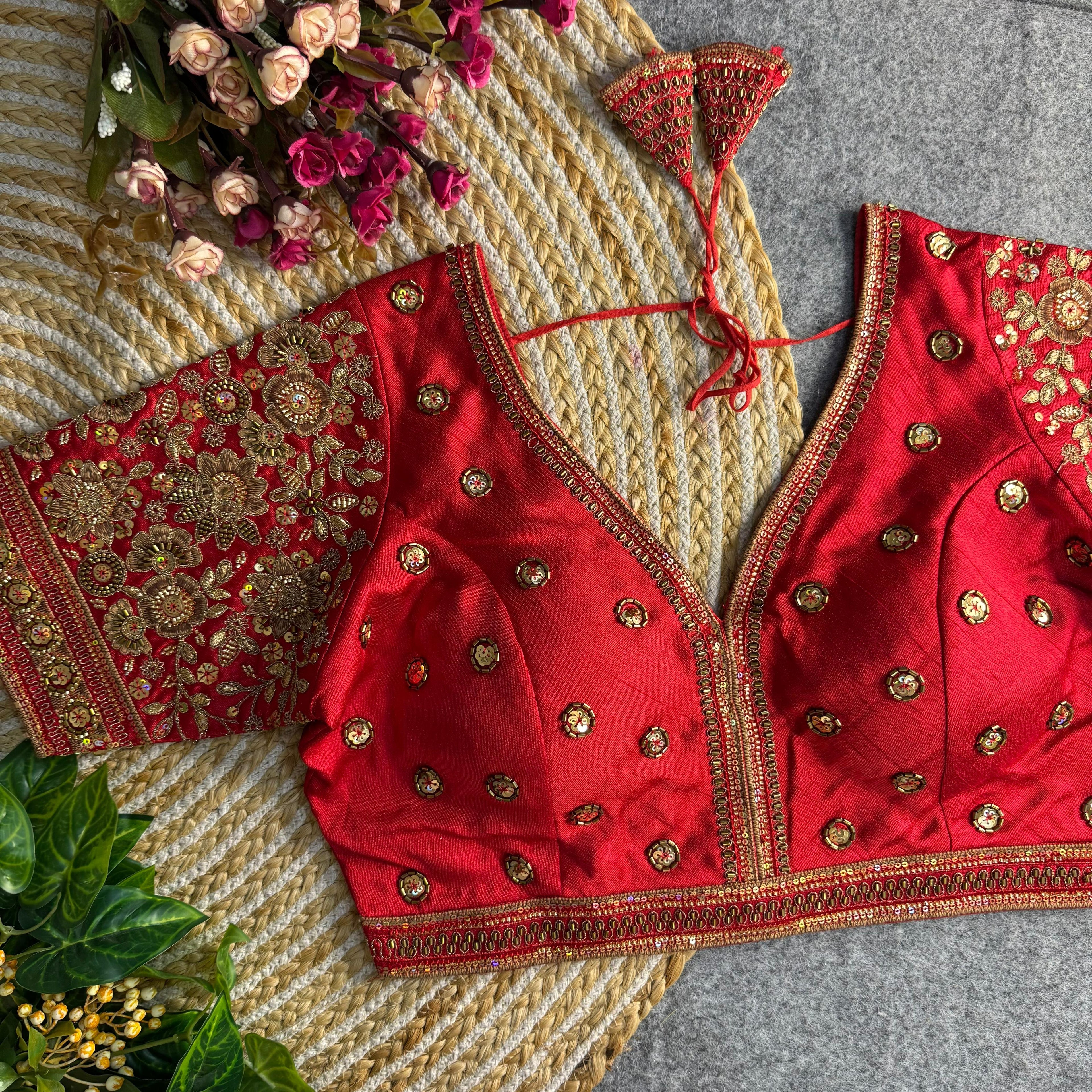 BEAUTIFUL HEAVY SABYASACHI STYLE V- NECK BEADS COPPER MATCHING WORK BRIDAL BLOUSE