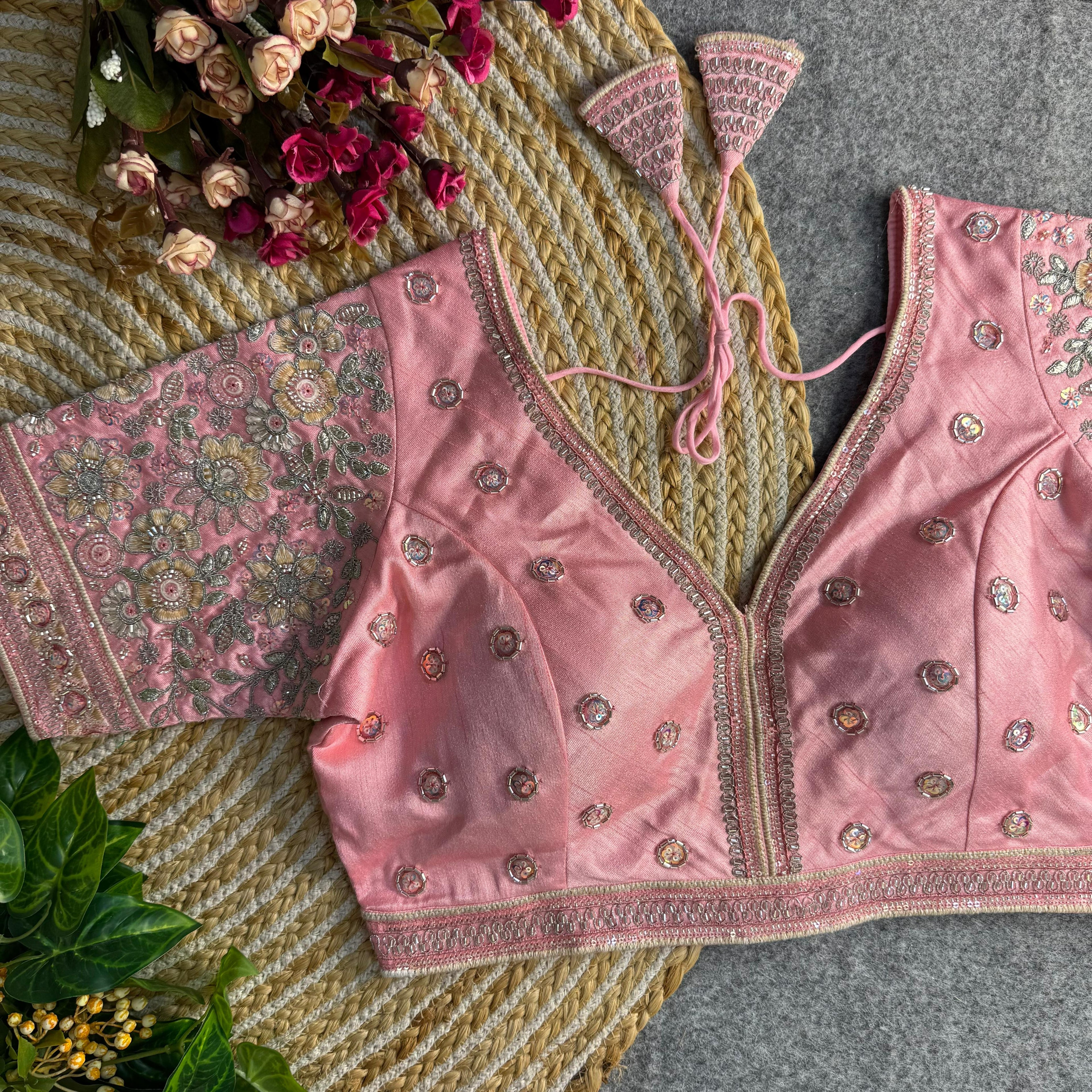 BEAUTIFUL HEAVY SABYASACHI STYLE V- NECK BEADS COPPER MATCHING WORK BRIDAL BLOUSE