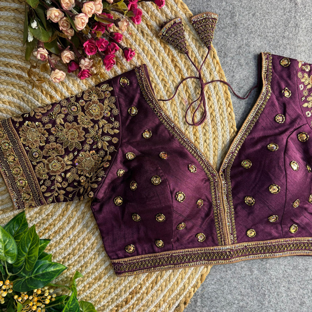 BEAUTIFUL HEAVY SABYASACHI STYLE V- NECK BEADS COPPER MATCHING WORK BRIDAL BLOUSE