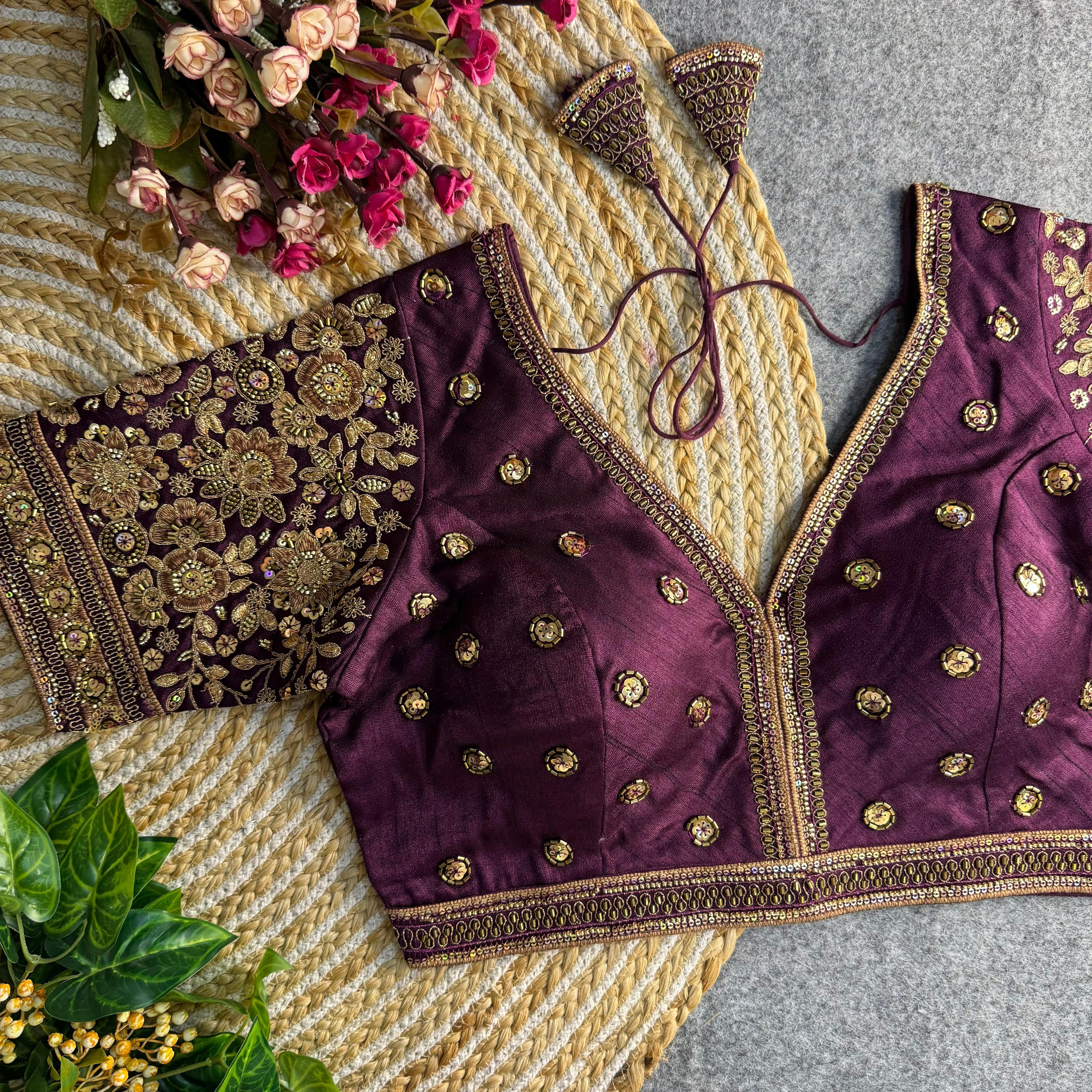 BEAUTIFUL HEAVY SABYASACHI STYLE V- NECK BEADS COPPER MATCHING WORK BRIDAL BLOUSE