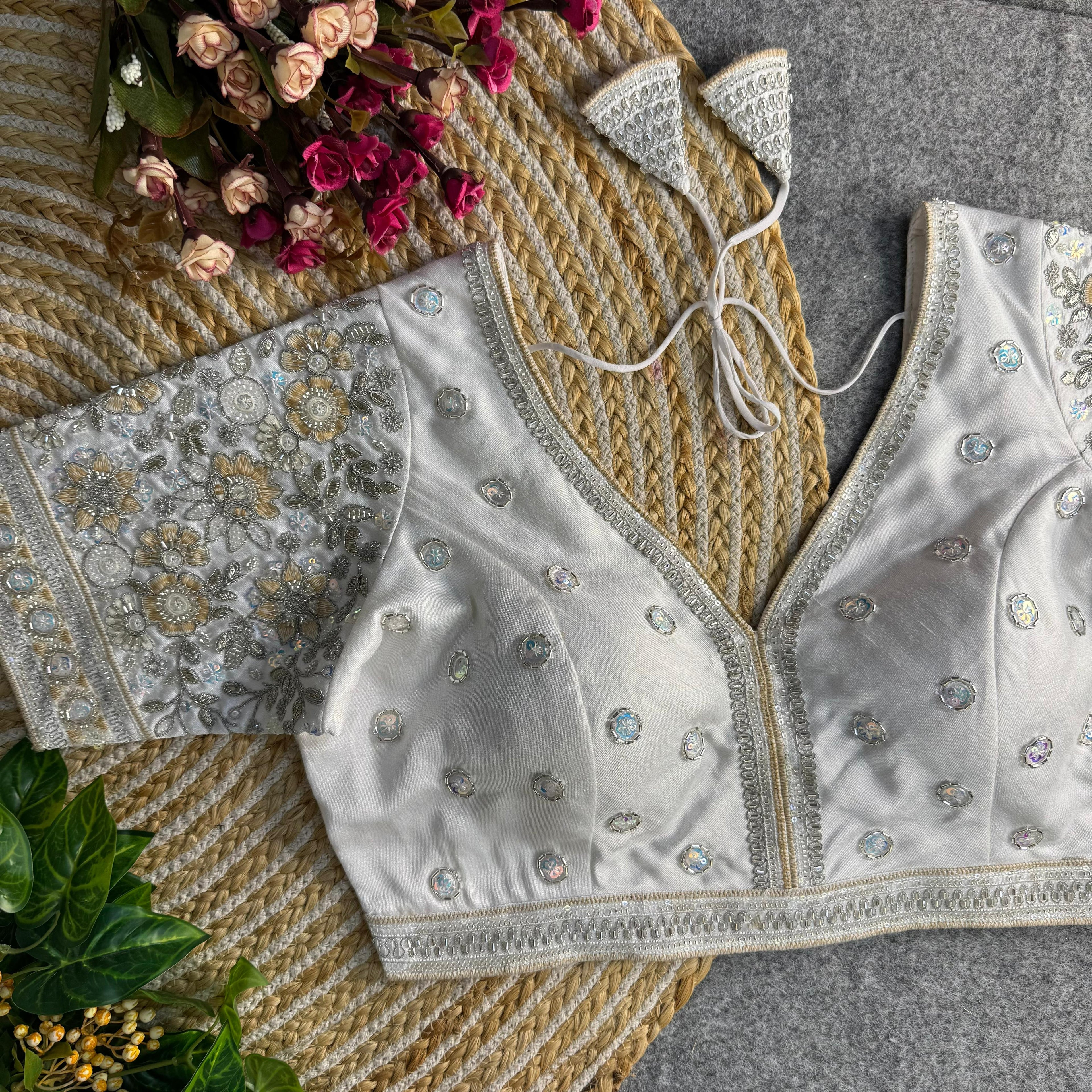 BEAUTIFUL HEAVY SABYASACHI STYLE V- NECK BEADS COPPER MATCHING WORK BRIDAL BLOUSE