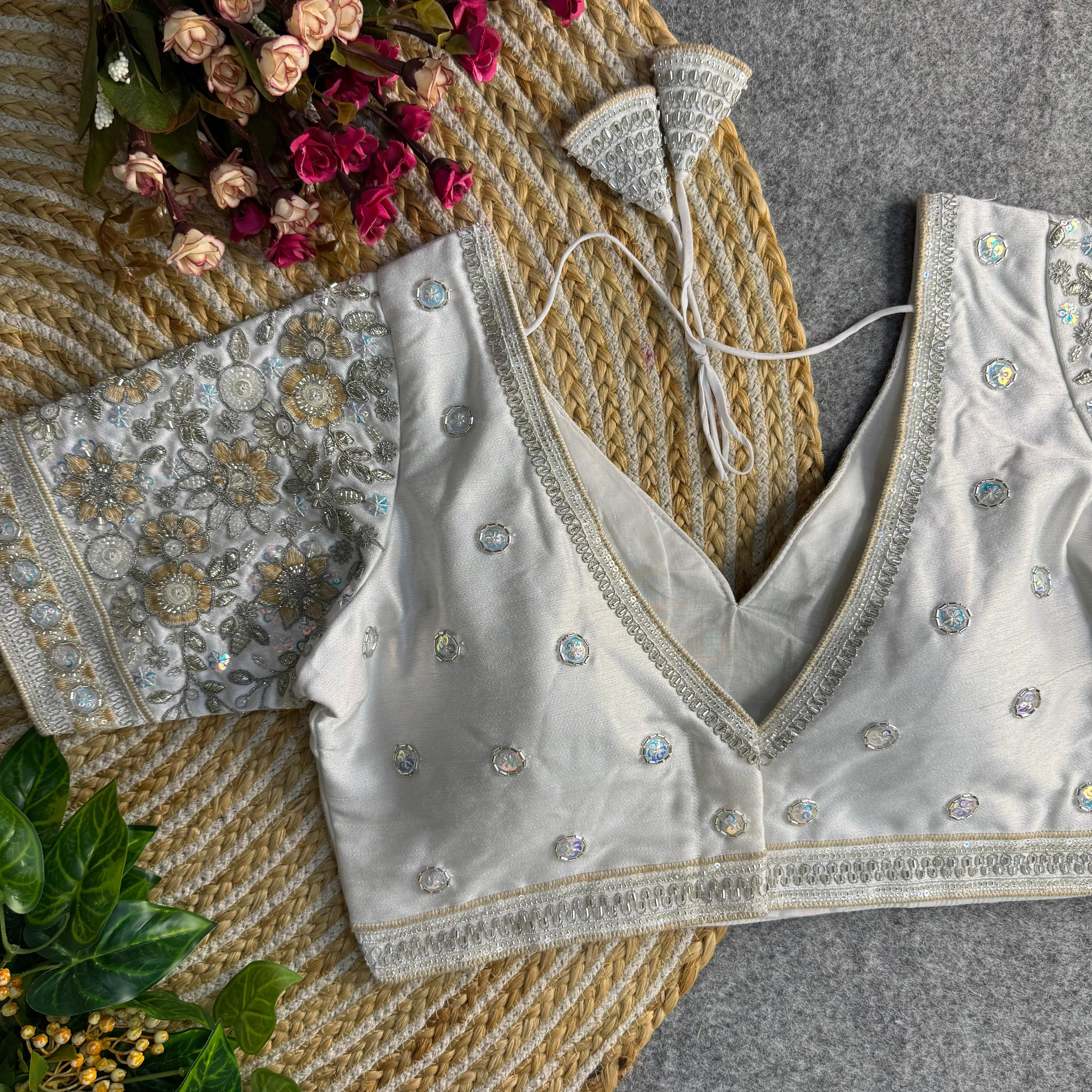 BEAUTIFUL HEAVY SABYASACHI STYLE V- NECK BEADS COPPER MATCHING WORK BRIDAL BLOUSE