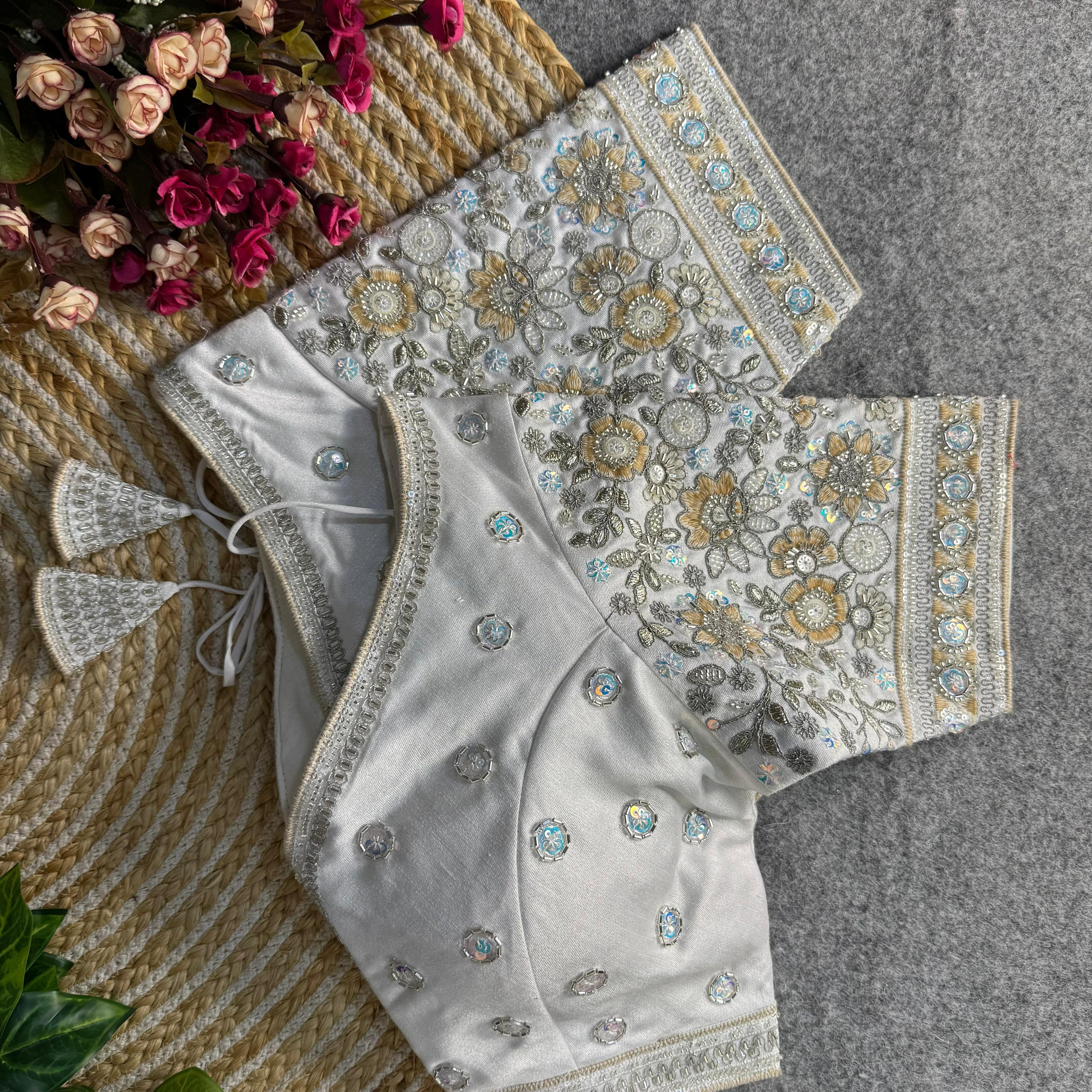 BEAUTIFUL HEAVY SABYASACHI STYLE V- NECK BEADS COPPER MATCHING WORK BRIDAL BLOUSE